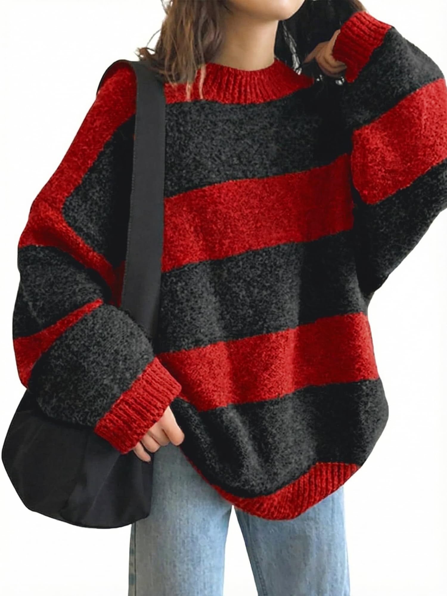 EMMIOL Womens Oversized Striped Sweaters 2025 Fall Trendy Long Sleeve Knit Outfits Crewneck Fashion Pullover Tops