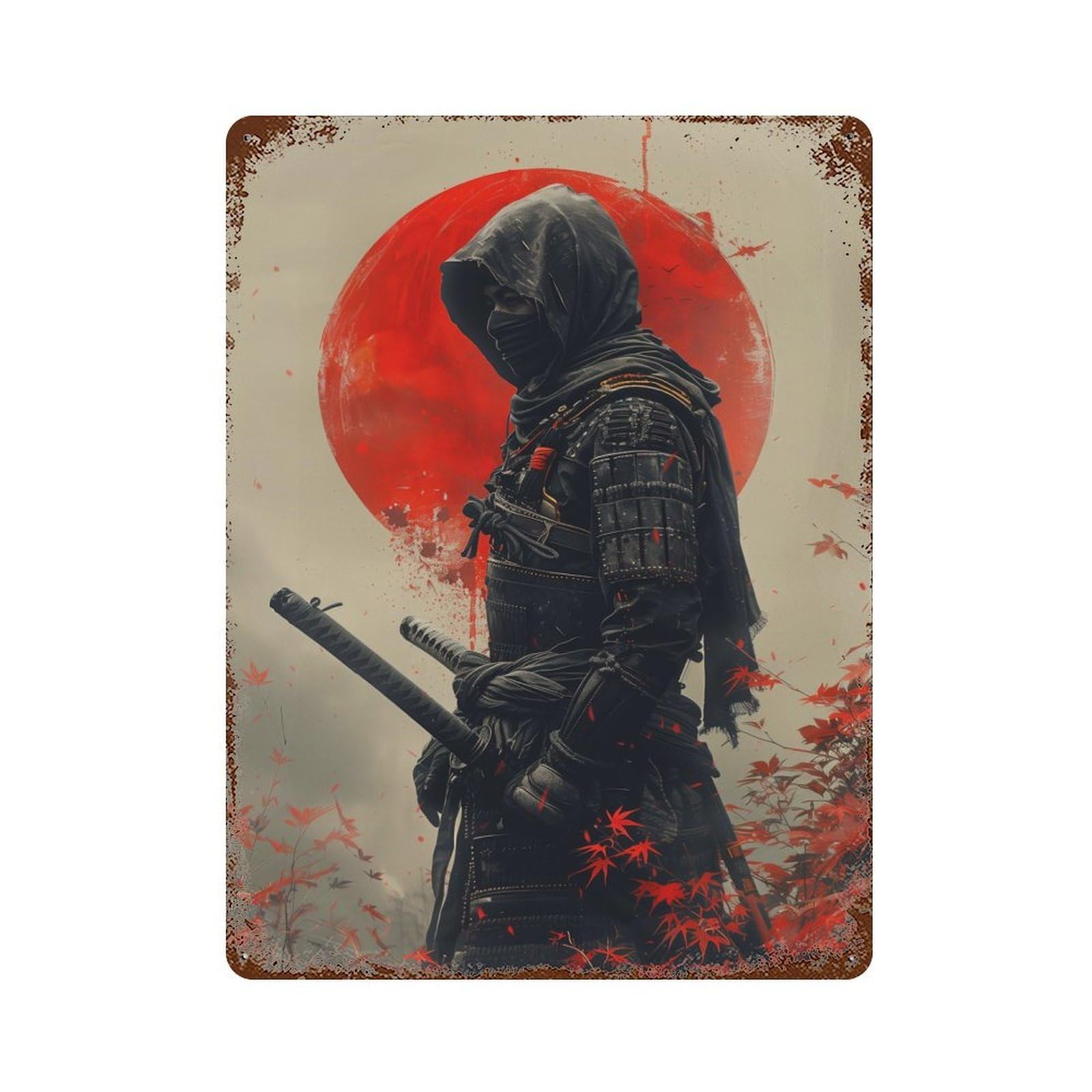 Japan Ninja Shinobi Aged Metal Wall Plaque 15.7"x11.8", Ideal for Garage, Bar And Workshop Decor