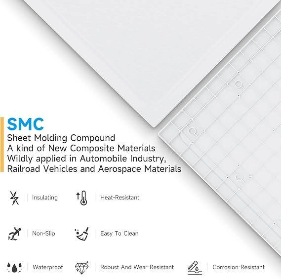 ELEGANT SMC Shower Base Tray 800 x 800 x 40 cm Quadrant White Shower Tray with Non-Slip Flat Stone Look for Shower Enclosure Cubicle and Wet Bathroom + Waste Trap