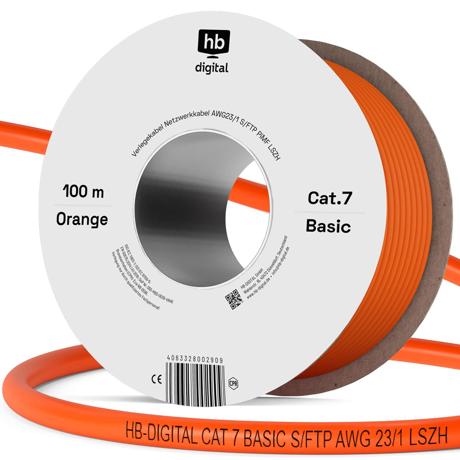 HB-Digital 100 m Cavo LAN CAT 7 fino a 10 Gbit/s rame professionale S/FTP PiMF AWG 23/1 guaina LSZH senza alogeni arancione cavo schermato per router switch modem PC smart TV patch RJ45 e console