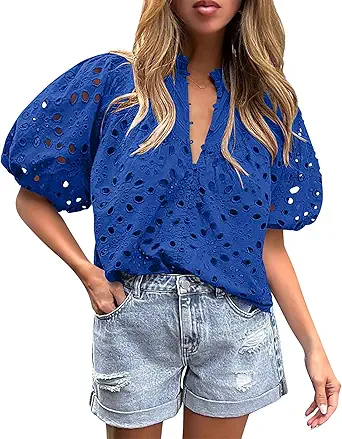 BETTE BOUTIK Women's Long Short Sleeve Tops 2025 Dressy Casual Button Hollow Out Lace Embroidered Blouses Shirts