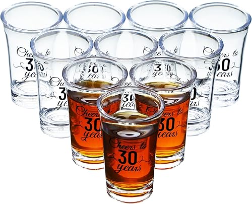 Sliner Paquete de 48 vasos de chupito de cumpleaños a granel de 1.4 onzas con texto en inglés "Cheers to 30/40/50/60/70/80 años", base gruesa Negro
