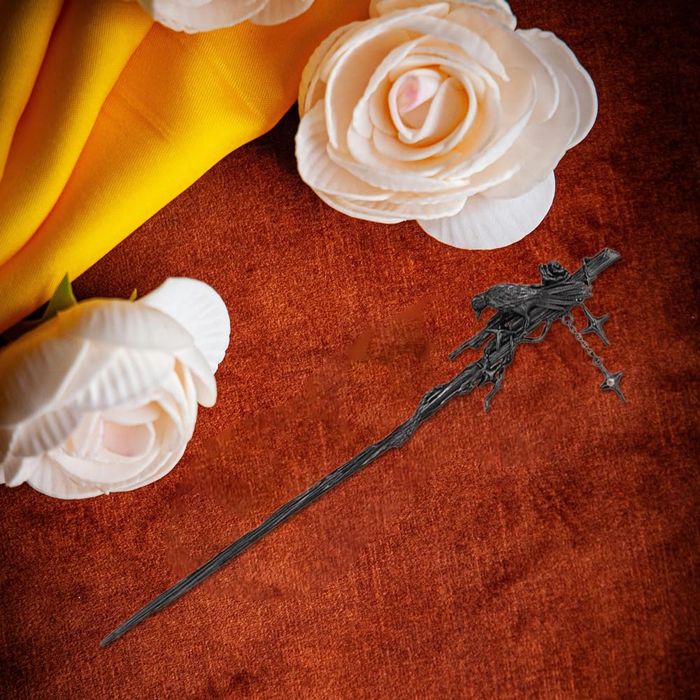 Baokuan Gothic Crow Hairpin - Metal Raven Fringe Hair Stick, Dark Vintage Chinese Style Hair Fork for Women, Halloween Lolita Hair Accessory