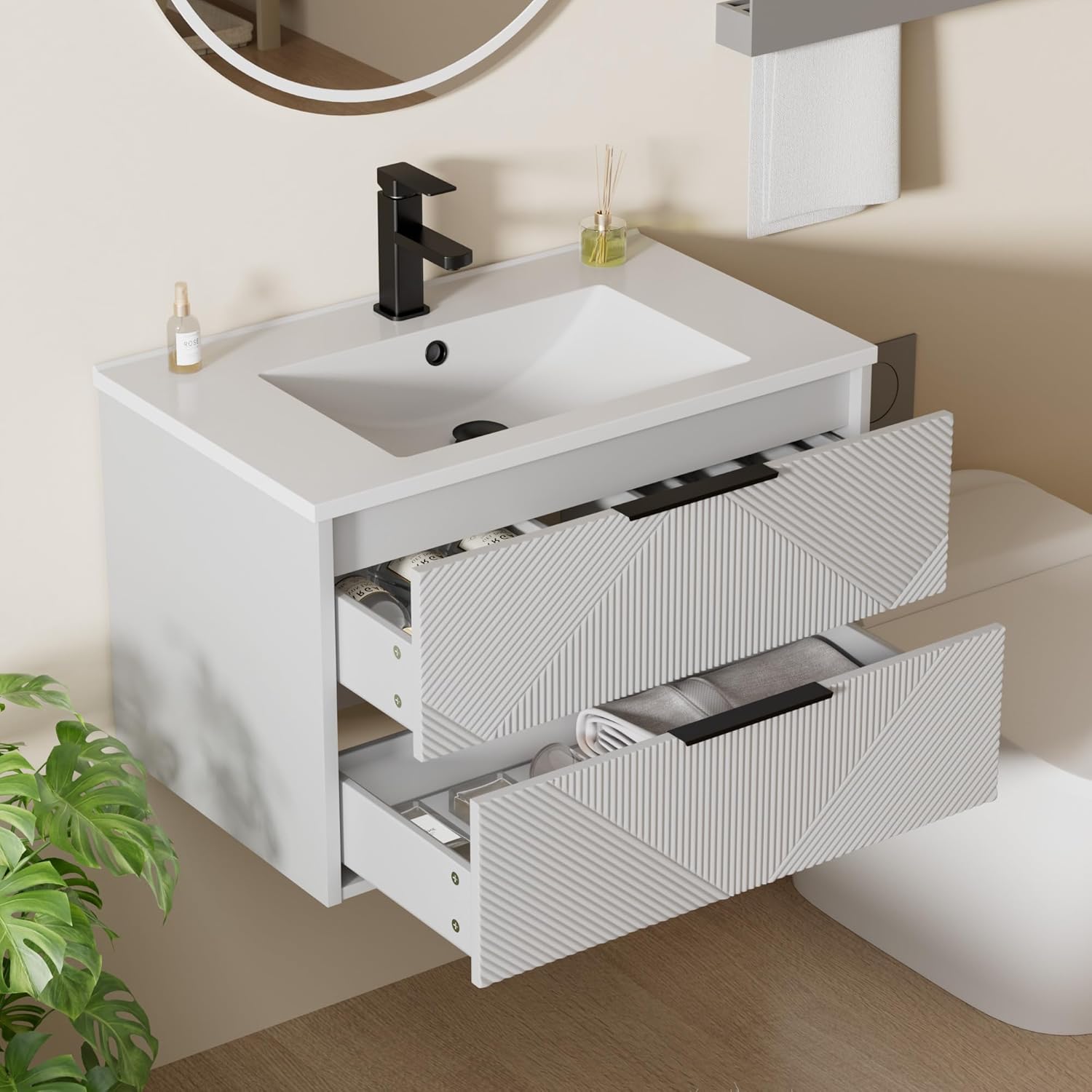 LUCKWIND 24" Floating Bathroom Vanity with Sink Combo, Wall Mounted Floating Cabinet with 2 Large Soft-Close Drawers & Water Saving Faucet, Geometric Textured Design in Black