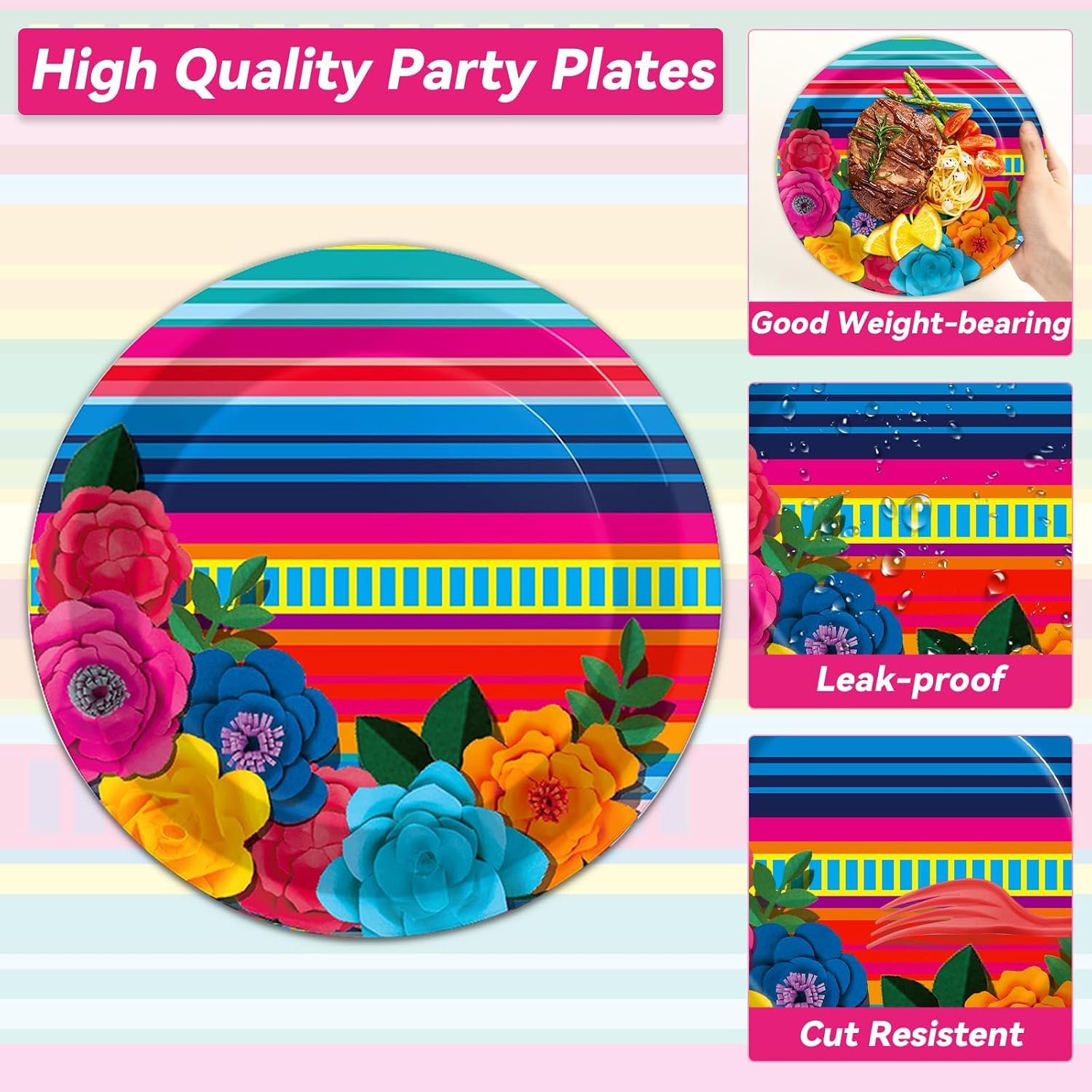 200pcs Mexican Fiesta Plates Napkins Floral Paper Tableware Set Fifth of May Serape Stripes Cake Disposable Dinnerware Pinata Mexico Taco Party Decoration for Baby Shower Birthday Supplies Serves 50