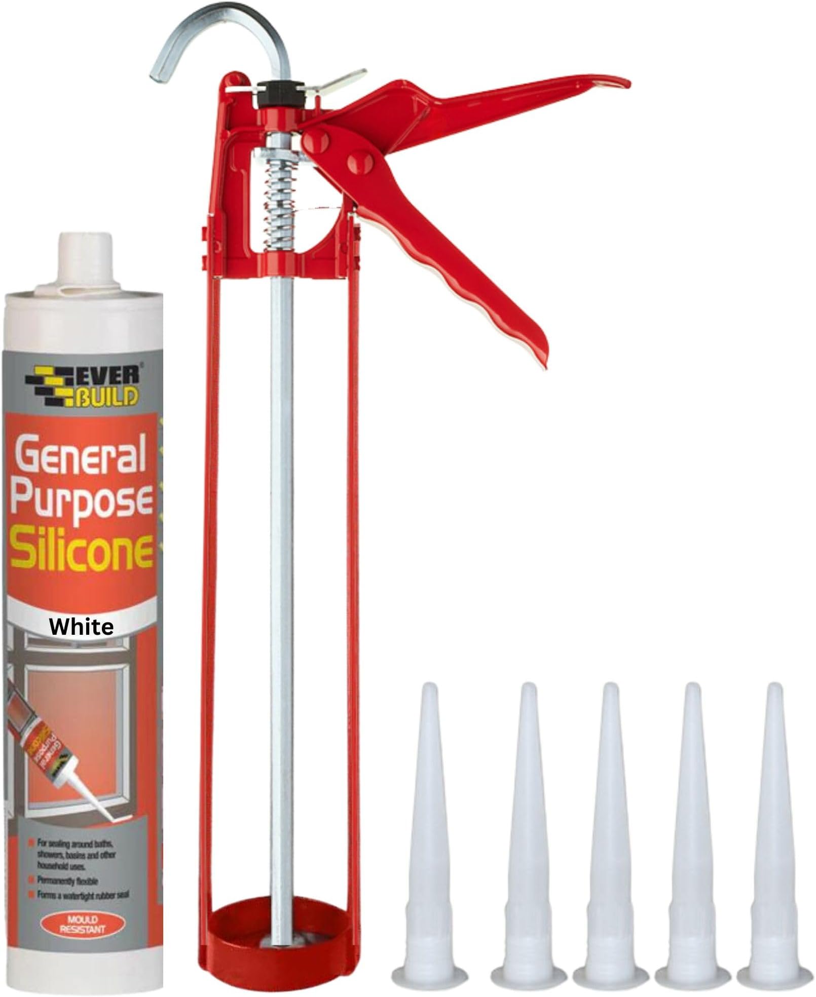 White Silicone Sealant Anti Mould Set - Bundle Includes General Purpose Waterproof Sealant, 11' Inch Caulking Gun, Spare Silicone Nozzles