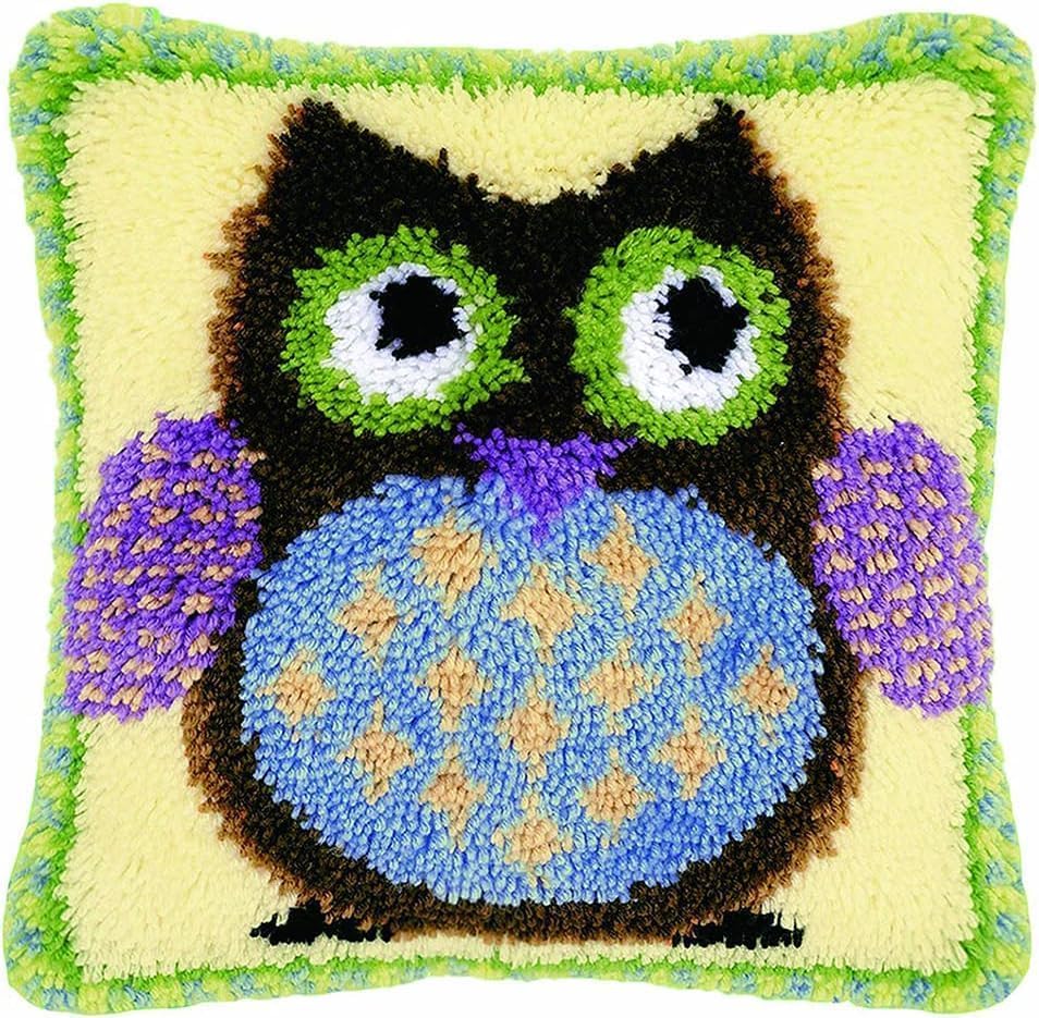 Image of clubevy DIY Latch Hook Kits Pillow Case Embroidery Carpet Set Needlework Pillow Cover Sofa Cushion Cover Craft Kits 17x17 inch (Owl)