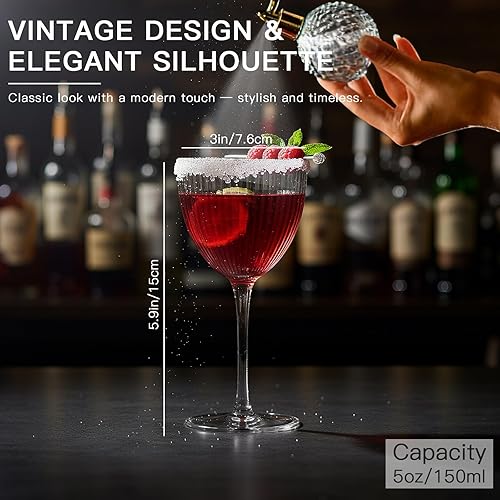 Miniatura 3 de Nick and Nora - Vasos de cóctel - Vasos de Martini rosa, juego de 4 vasos de cupé acanalados, 5 onzas, regalos para el día de San Valentín para