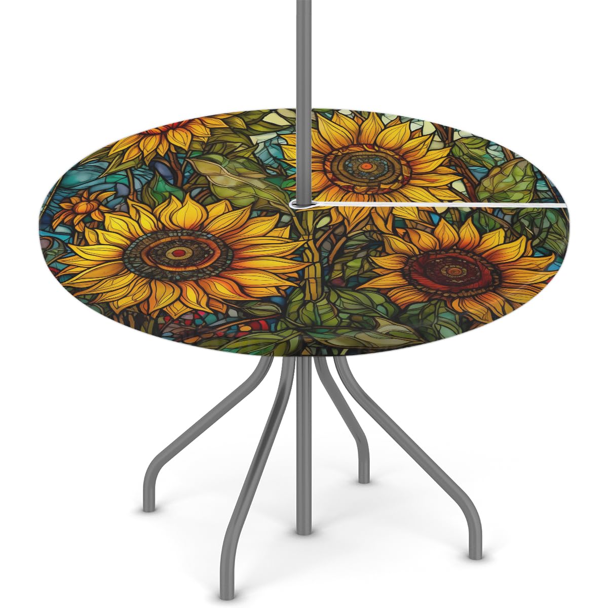 FZDXZJJ Sunflower Round Outdoor Tablecloth with Umbrella Hole and Zipper,Flowers Floral Fitted Tablecloth Elastic Edge Patio Table Cover for Spring Summer Picnic Party 36