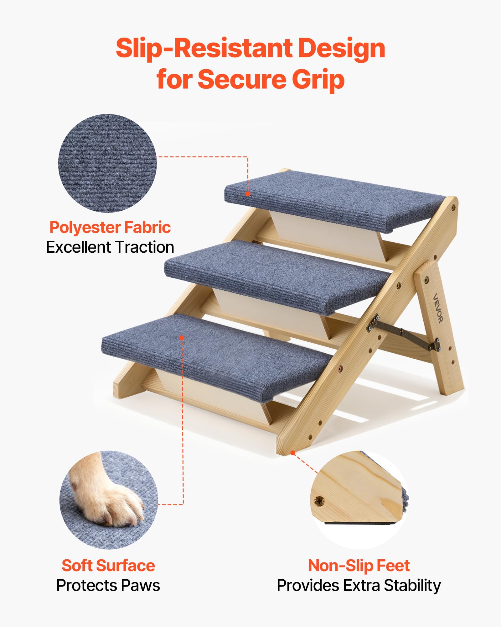 VEVOR Hundetreppe 510x470x370 mm, 3-stufige Hautiertreppe, klappbare Holztreppe geeignet für kleine, mittlere, große, ältere Haustiere sowie Welpen bis 68 kg, Hundeleiter für Betten, Sofas & Autos