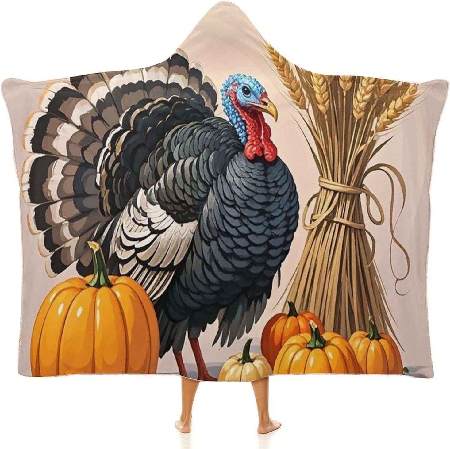 Wheat Turkey Wearable Hooded Blanket, Ultra Soft Arctic Velvet Cape Cloak Unisex - Cozy Wearable Blanket