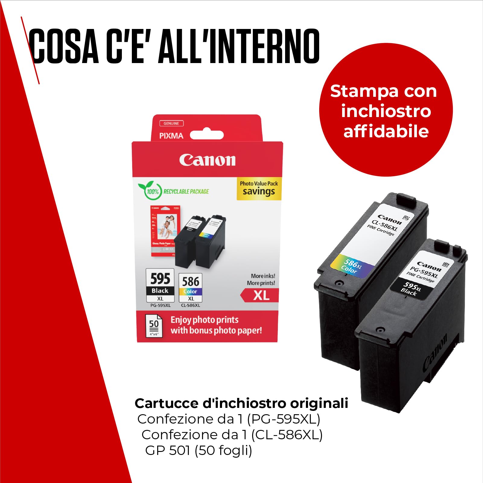 Canon PG-595 XL/CL-586 XL Cartucce per Stampante Originali (1 x Nero, 1 x Colori) & 4x6 Carta Fotografica (50 x Fogli) GP-501