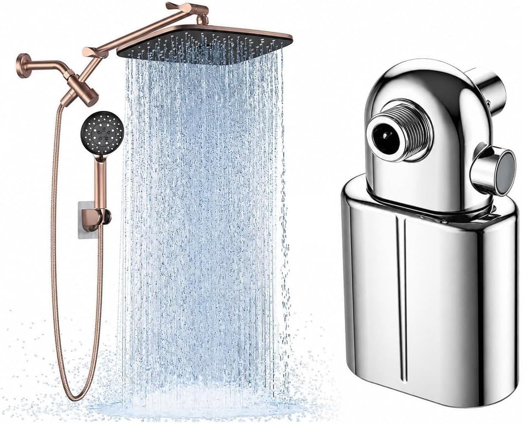 Veken 11.8" Rose Gold Shower Head with Handheld&Chrome Shower Filter
