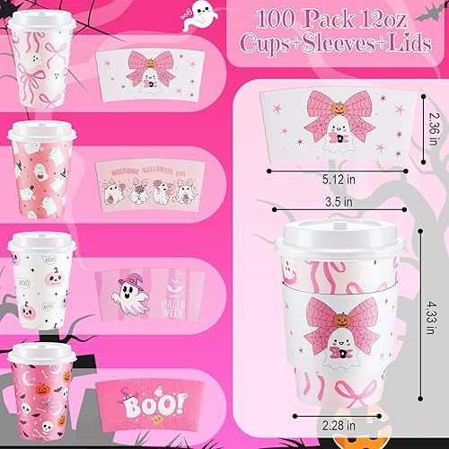 Vista 10 de Umigy Paquete de 100 tazas de café desechables de Halloween de 12 onzas, tazas de café de papel con tapas de cúpula y fundas para bebidas frías