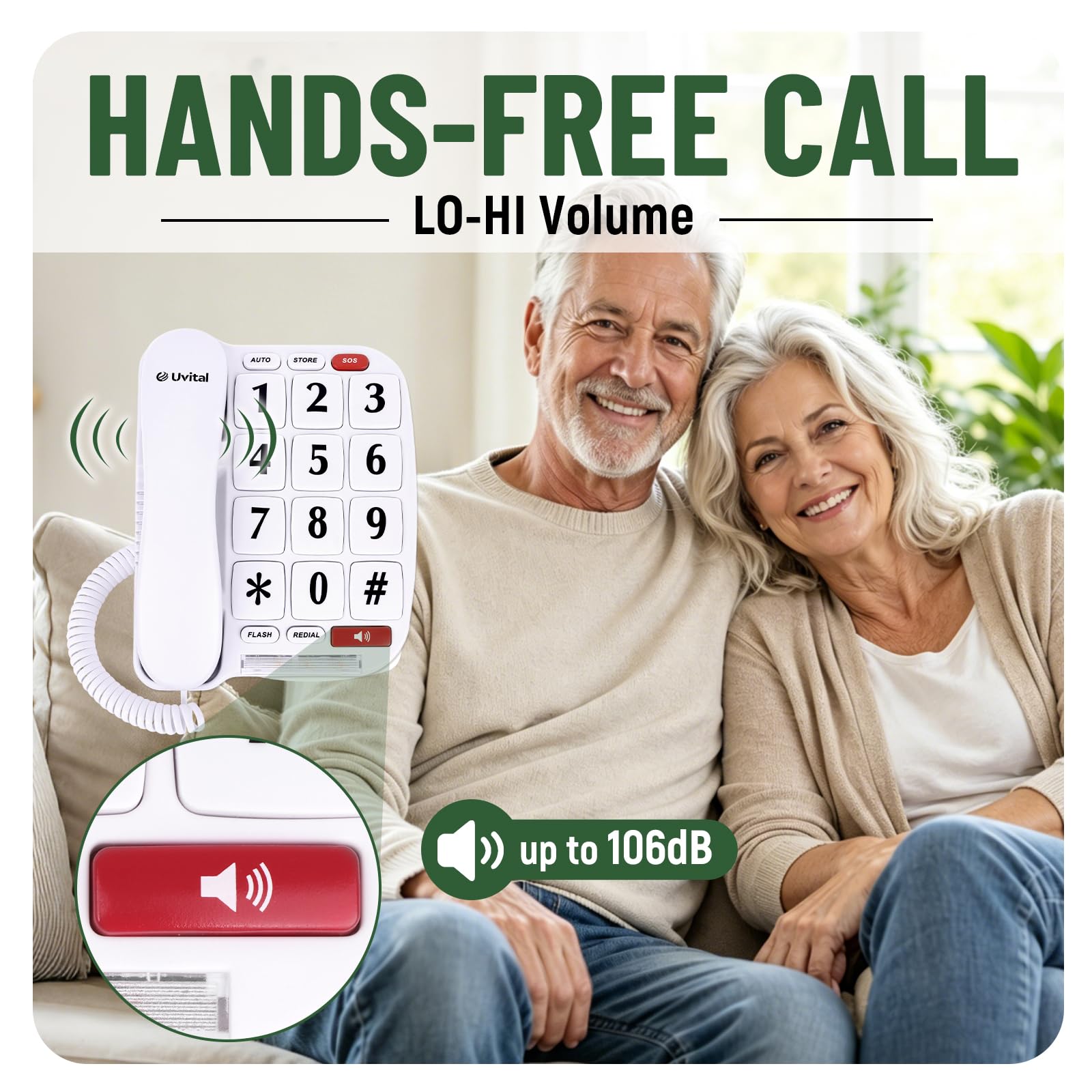 Uvital Telefono con pulsanti grandi per anziani, telefoni fissi con filo per anziani con pulsante di emergenza SOS e pulsanti grandi bianchi, vivavoce, suoneria forte, facile da usare