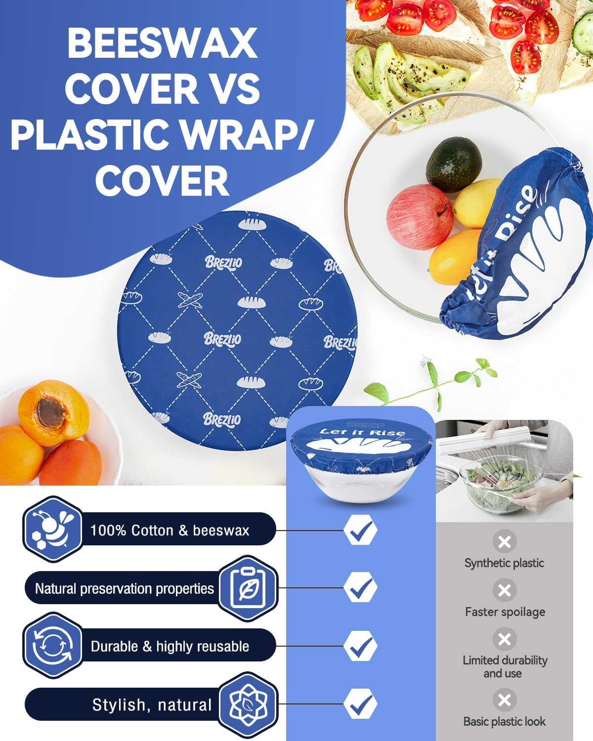 Reusable Beeswax Bowl Covers for Bread Proofing - Cotton Sourdough Covers, Elastic Food Storage Covers for Rising Dough & 10-Inch Bowls - 2 Pack