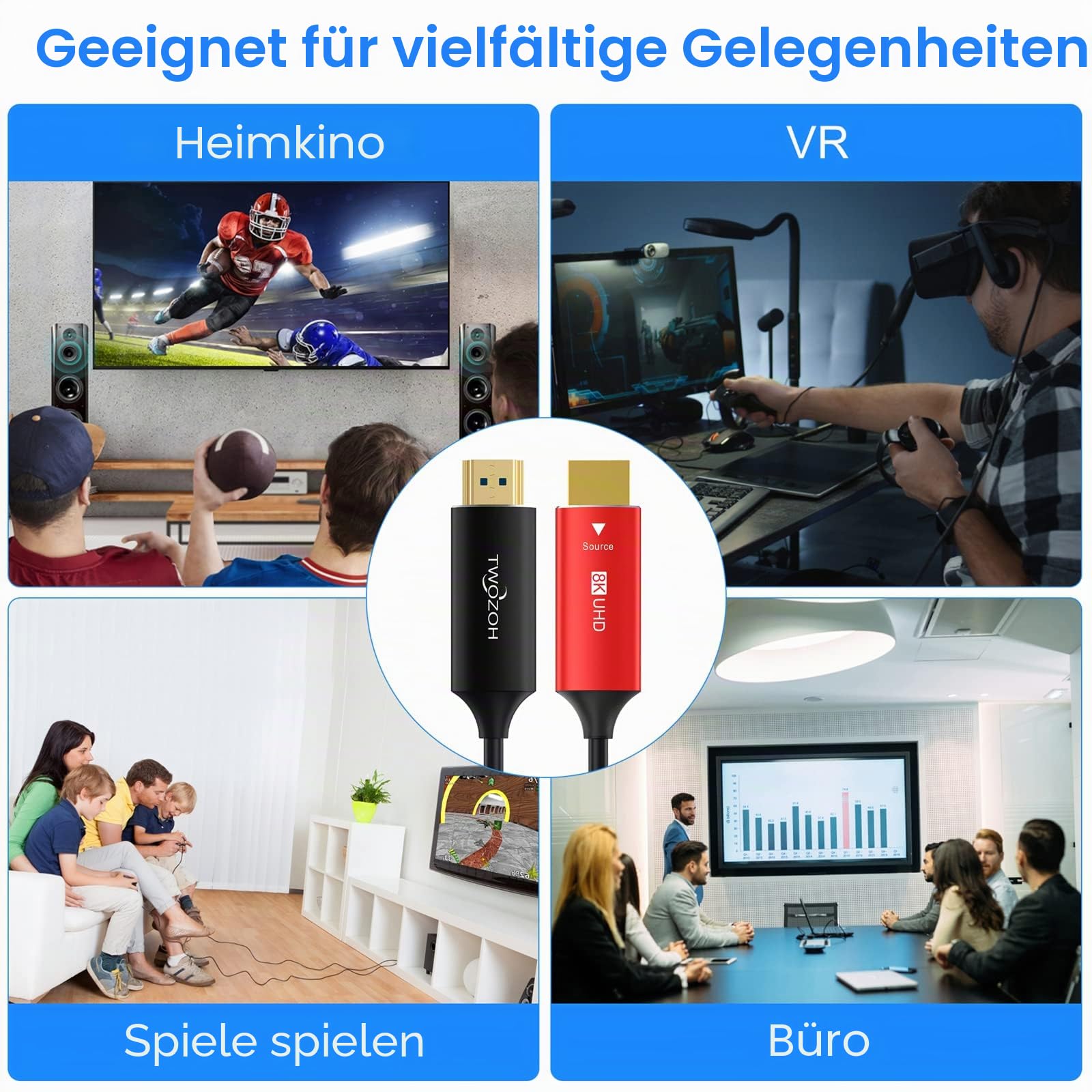 Twozoh 8K Glasfaser HDMI Kabel 50M, Hochgeschwindigkeits HDMI 2.1 Optisches kabel unterstützt 48Gbps 8K@60Hz, 4K@120Hz