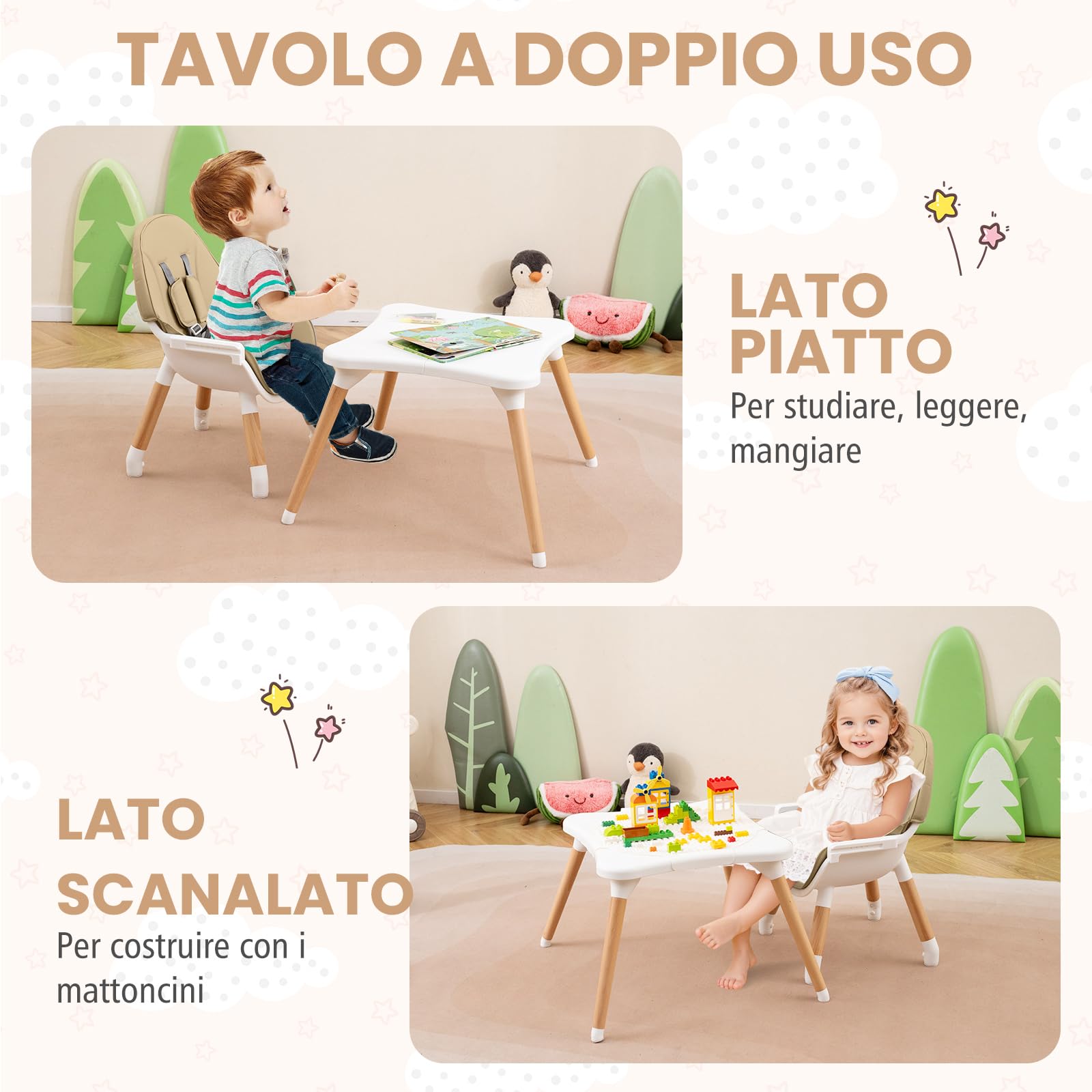 RELAX4LIFE 4 in 1 Seggiolone Pappa, Seggiolone Evolutivo con Vassoio Rimovibile e Cintura di Sicurezza, Altezza Regolabile in 4 Posizioni, per Bambini e Neonati 6-36 Mesi (Standard, Beige)