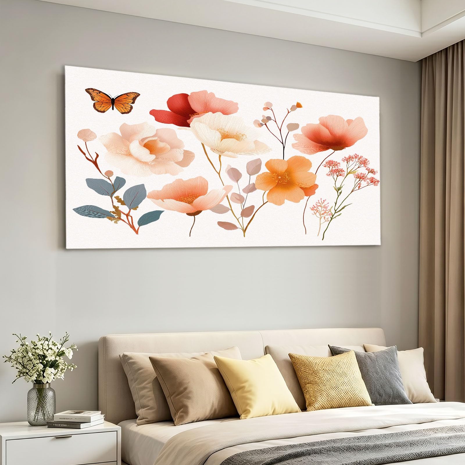 Obrazy na płótnie, akwarela, 120 x 60 cm, dziecięce obrazy ścienne, druk artystyczny, białe kwiaty, liść, motyl, panoramiczna dekoracja ścienna do salonu, sypialni