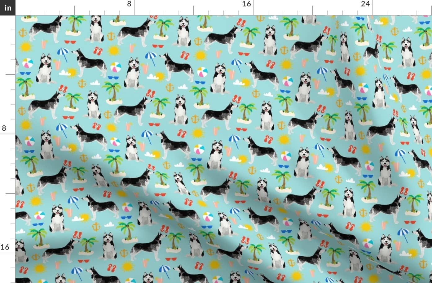 Spoonflower Fabric - Husky Beach Summer Dog Pattern Blue Huskies Dogs Pet Printed on Organic Cotton Sateen Fabric by The Yard - Sewing Quilting Apparel Home Decor