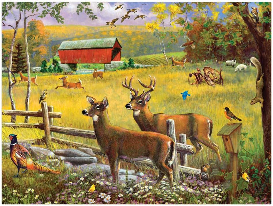 Crown Point Graphics Hunting Season 500 Piece Jigsaw Puzzle, Artist J Charles, Soft Touch Design, Fall Farm Puzzles with Deer and Covered Bridge