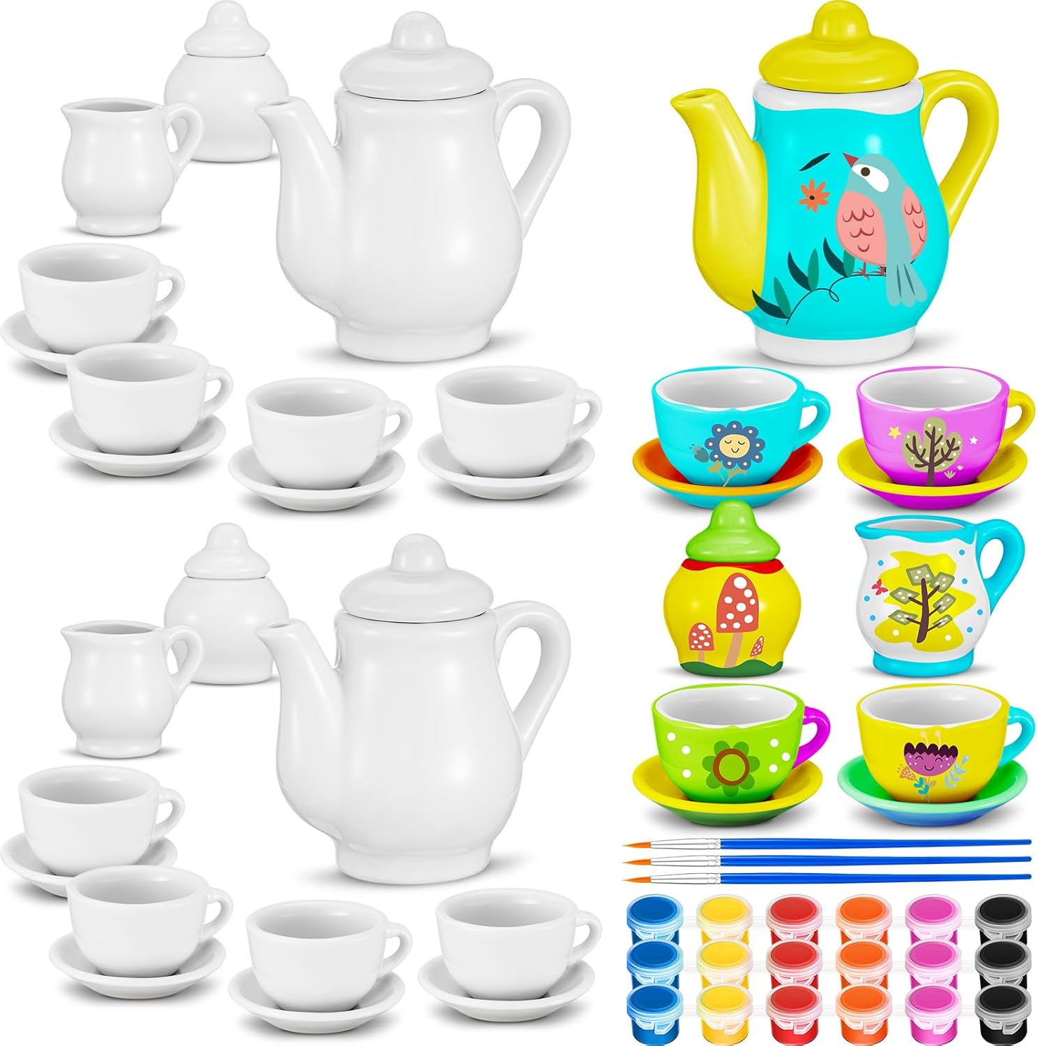 45 Pcs Spring Paint Your Own Tea Kit Craft DIY Tea Kit for Kids Ages 8+ Mini Ceramic Tea Cups to Paint Including Porcelain Dishes Brush for Party Girls Boys Set(Cute Style)