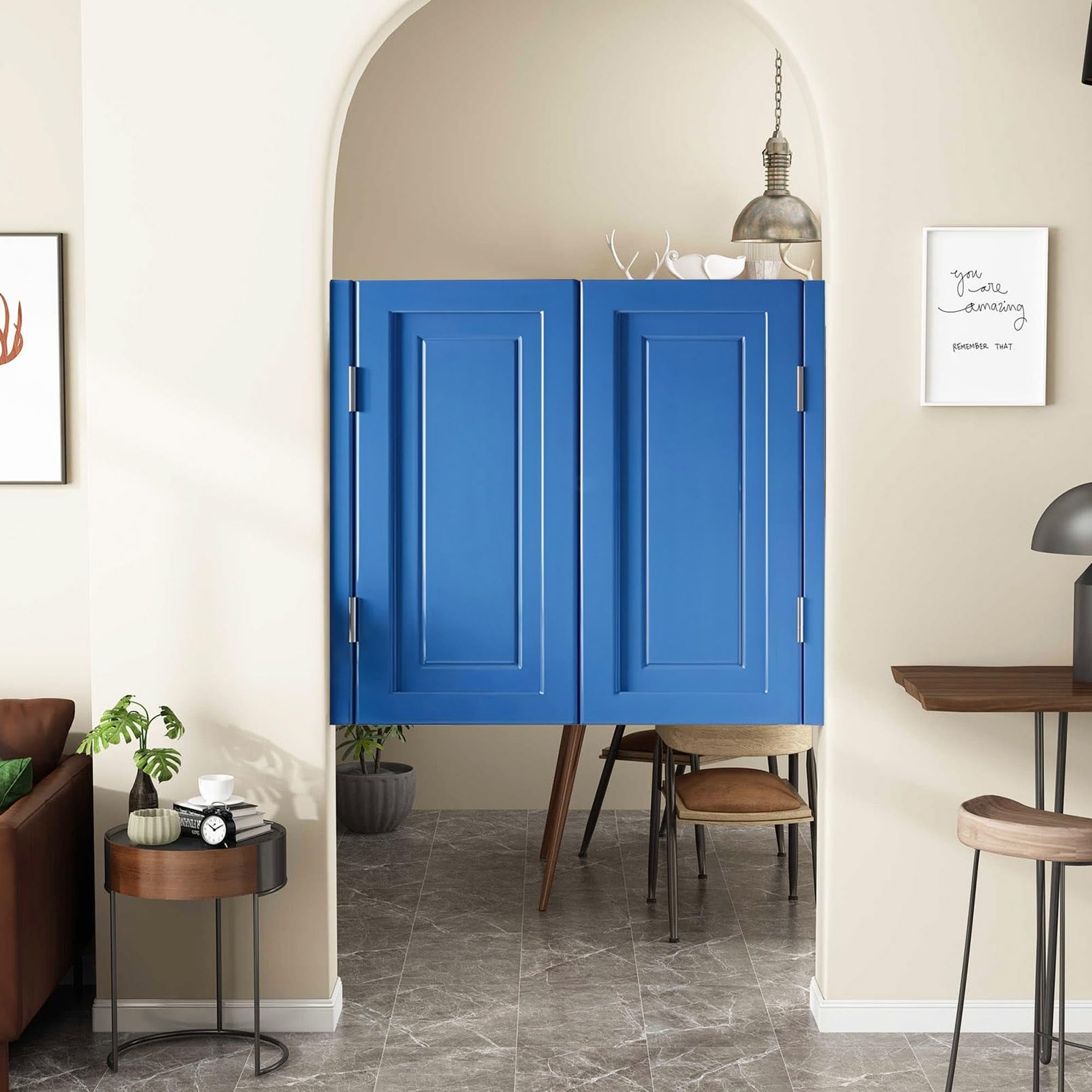 Porte blu scuro da 91/99/122/120 cm, porte interne aperte, con hins per cucina e design a mezza porta (W49 x H36)