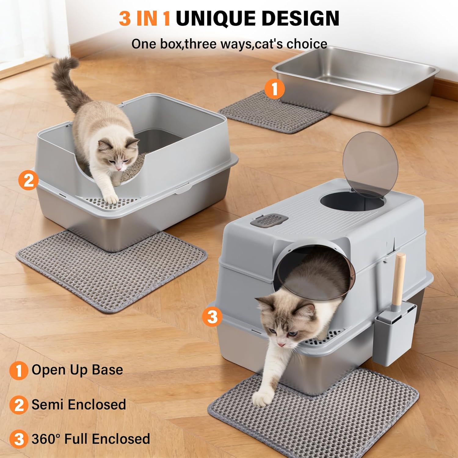 Stainless Steel Litter Box with Lid,Extra Large Enclosed cat Litter Box, Metal litterbox with Flip Top,Front and Top Entry,Anti-Leakage,Easy Cleaning,Includes Carbon Filters & Scoop & Mat
