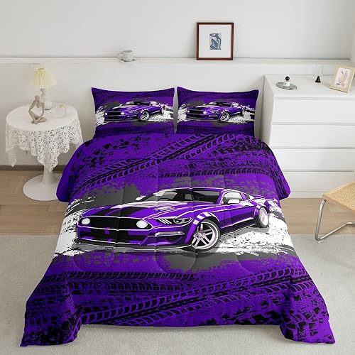Castle Fairy Racing Car Twin Size Comforter Set for All Seasons,Modern Purple Ca
