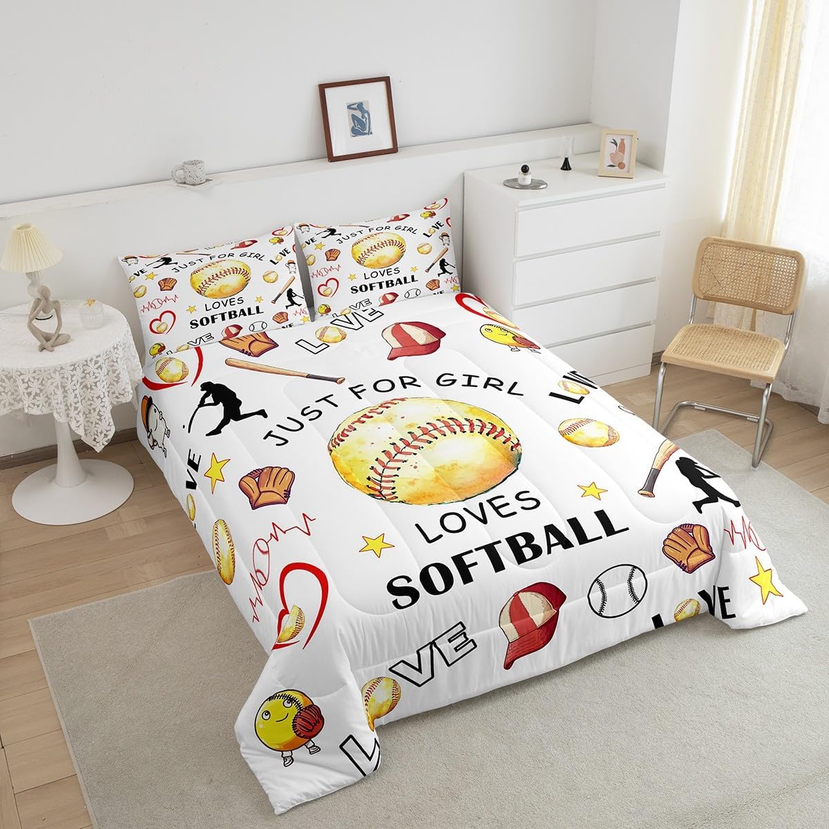 Softball Comforter Set Baseball Bat Glove King Bedding Set, Boys Ball Sports Comforter European Sport Fan Balls Games Duvet Insert