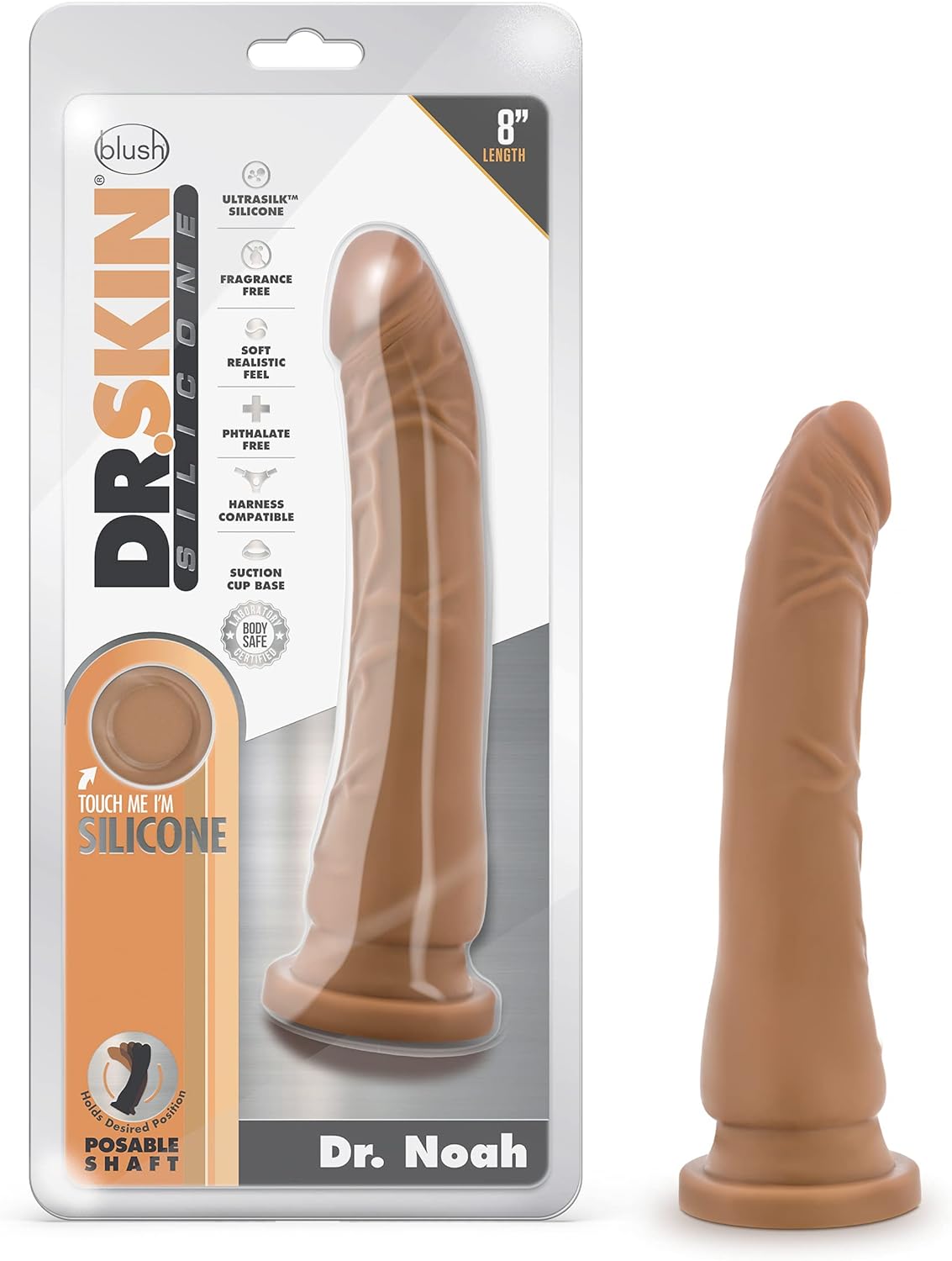 Blush Dr. Skin Dr. Noah 8.5” Realistic Posable Brown Dildo - Platinum-Cured Silicone Penis Toy - Suction Cup Strap-On Ready - Pegging Vaginal Play Long Cock - Women Men Couples Adult Sex Toy - Mocha