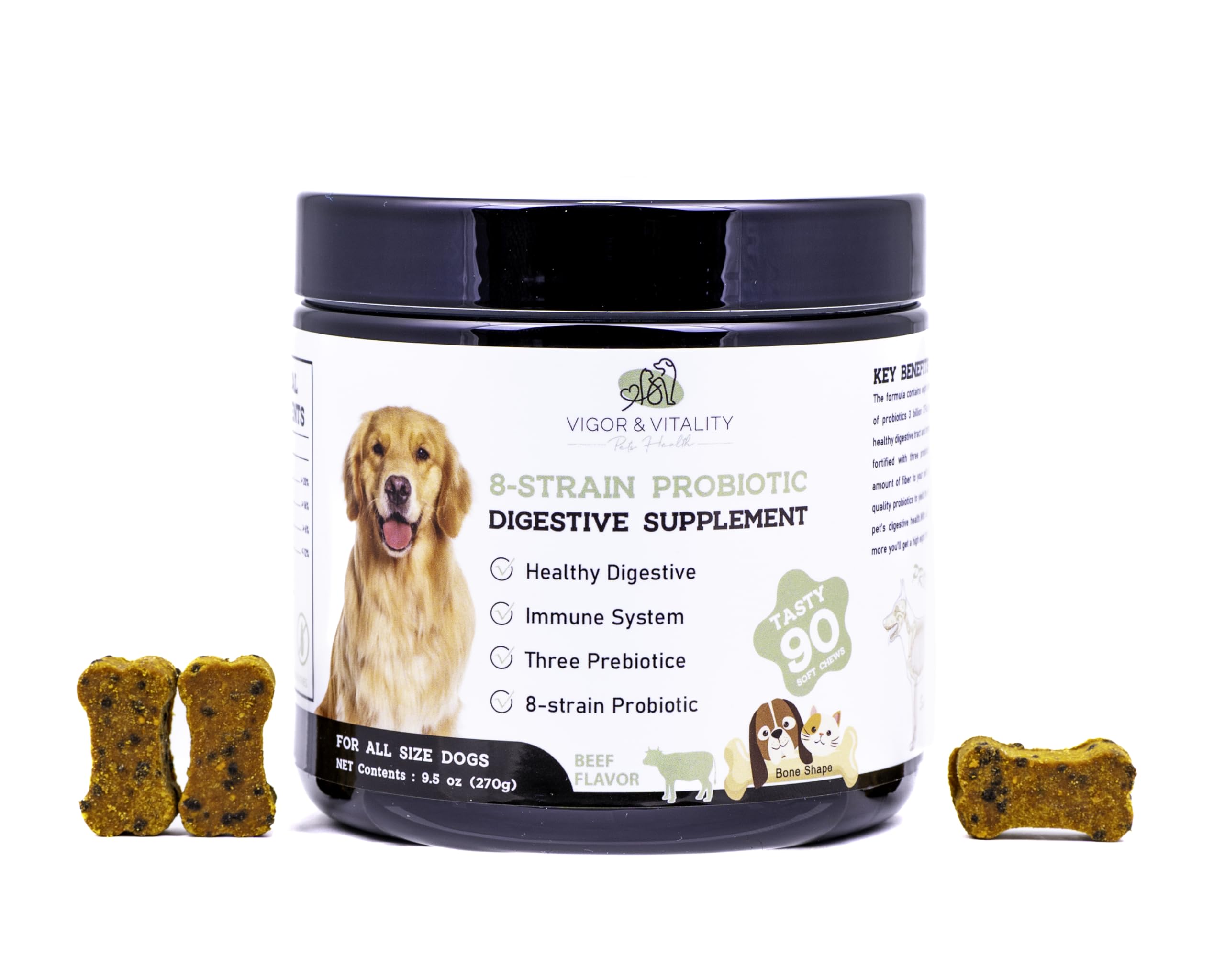 Vigor & Vitality Probiotics For Dogs, Supports Gut Health, Digestive Health, 8 Strain, Treats, Supplements, 90 Chews (Beef Flavour)