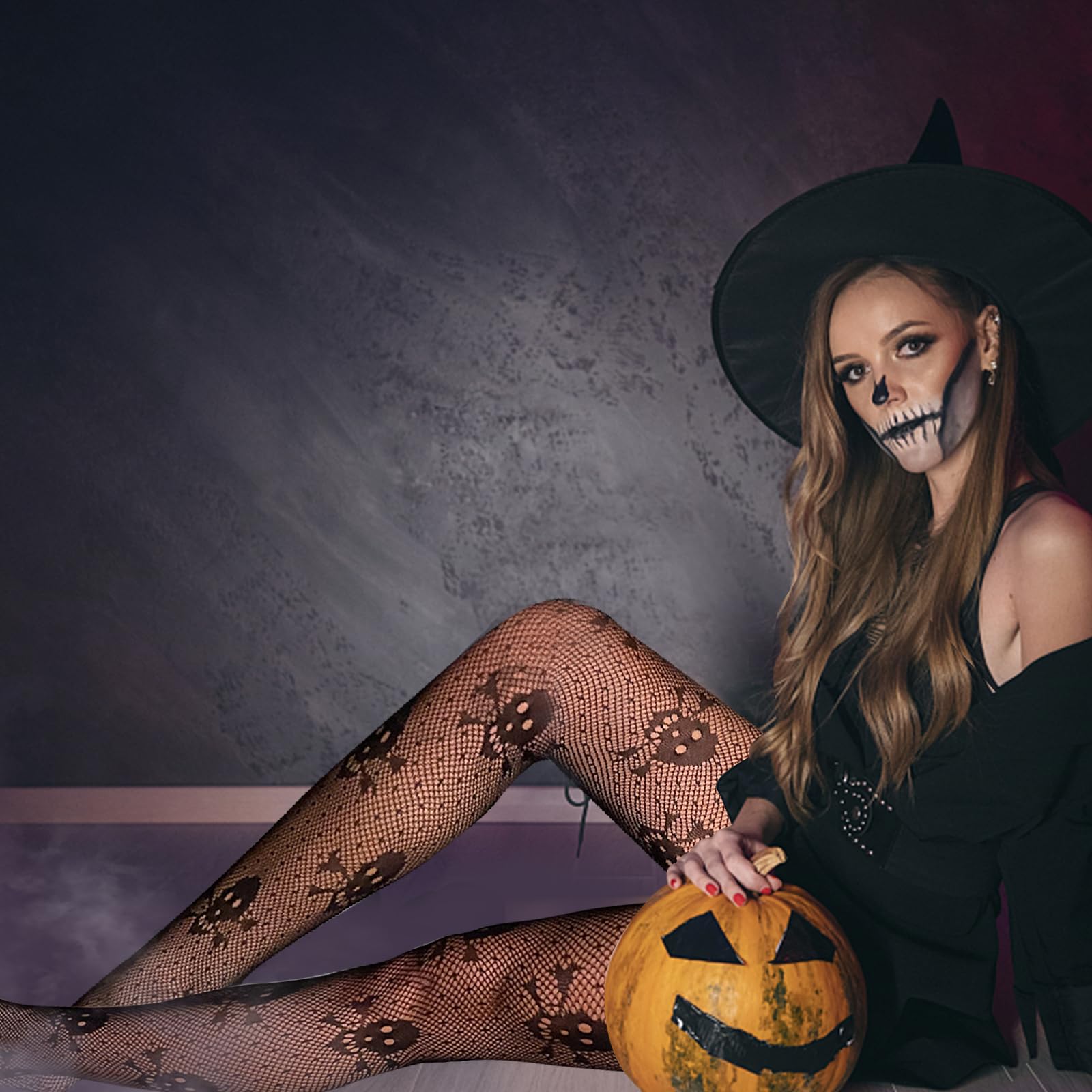 Lifreer Day of The Dead Skeleton Tights, Spider Webs Long Finger Loop Gloves - Image 4