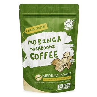 Moringa Mushroom Coffee Infused with Reishi, Moringa & Shiitake - 30% Beta-Glucans, Nutrient-rich and Antioxidants - 6.35oz 180g