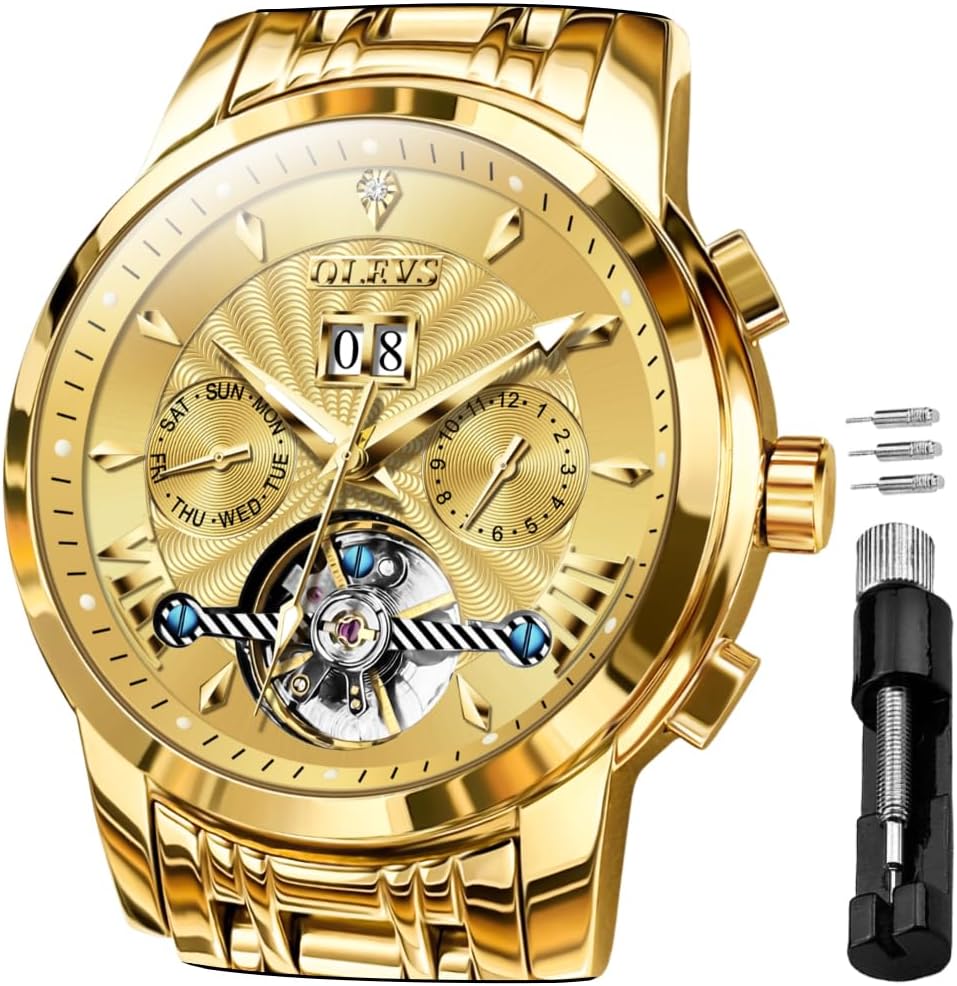 OLEVS Watches for Men Automatic Skeleton 5 Hands Mechanical Luxury Watch Classic Calendar Stainless Steel Waterproof Mens Wrist Watch