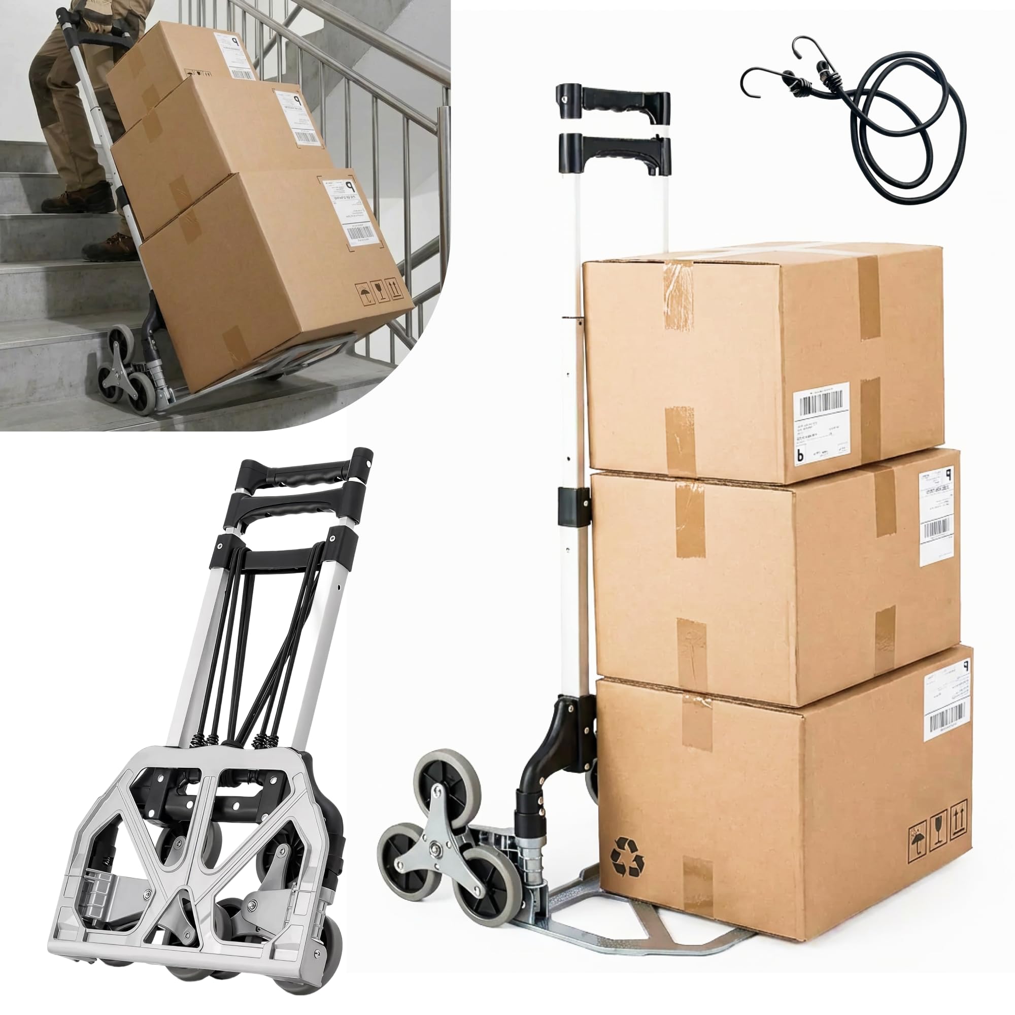 STREND PRO Diable Monte-Escalier 80kg | Diable Pliable avec Systeme A 3 Roues | Chariot Robuste pour Escaliers & Marches | Diable Reglable en Hauteur & Compact