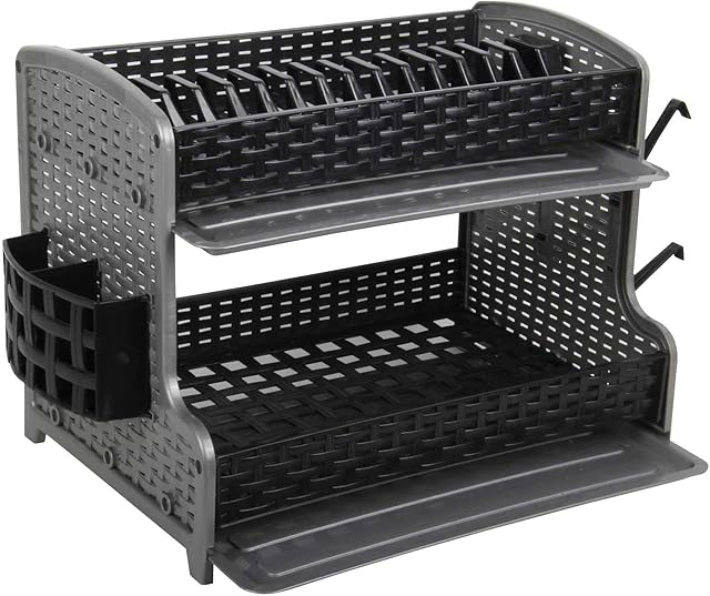 Galaxy 2 Tier Large Dish Drainer Rack Tray Utensil Cutlery Kitchen Plastic (Black)