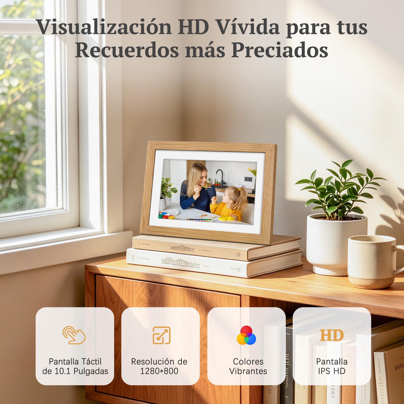 Marco de Fotos Digital WiFi Madera de Roble con 32GB Memoria, Marco Digital 10.1" con Pantalla Táctil IPS HD de 1280 * 800, Comparte Fotos/Videos a Través de la App Frameo, Regalos para Mujer Hombre