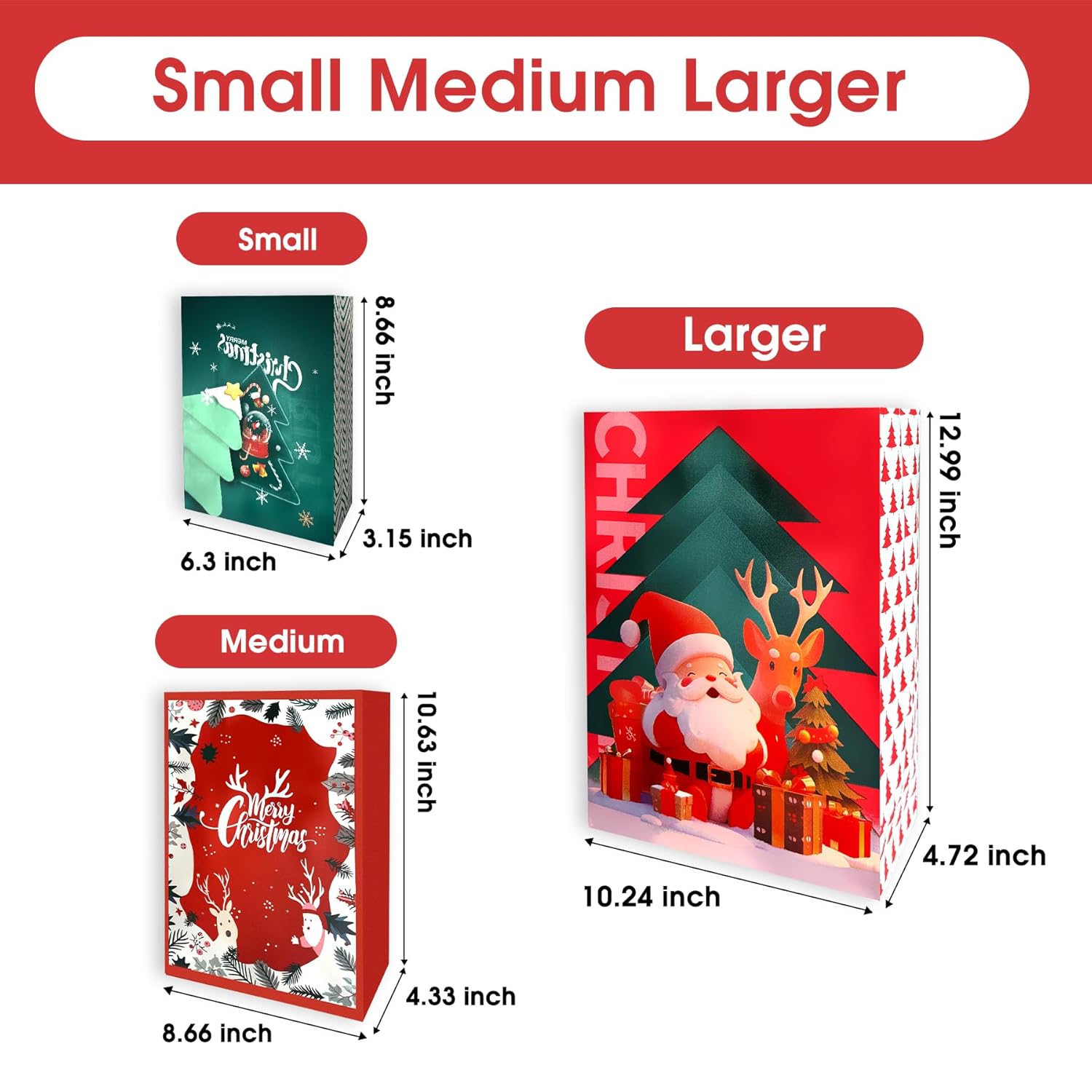 24 Pack Christmas Gift Bags Bulk Hallmark Festive Design with Handles, Assorted Gift Bag Different Sizes Sets for Gifts, Durable Kraft Paper Bags for Holiday Presents(8 Large,8 Medium,8 Small)