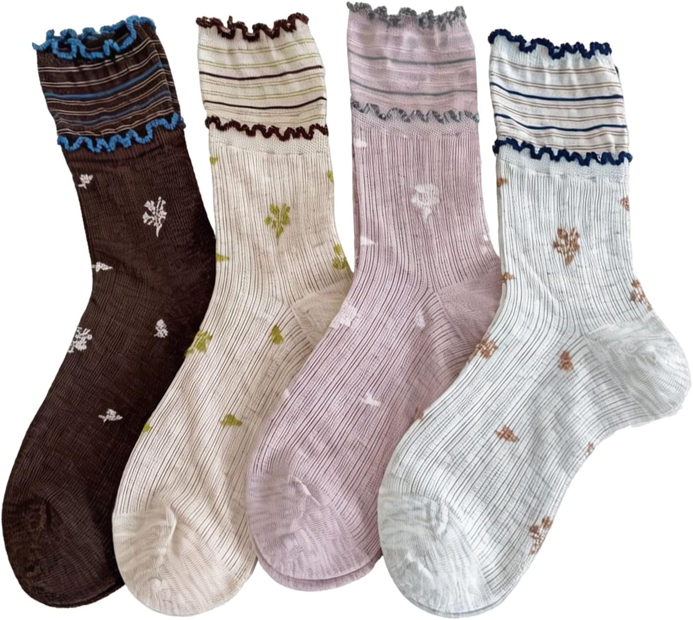Women's Cotton Ruffle Crew Socks, 4 Pairs Soft Breathable Vintage Floral & Striped Socks