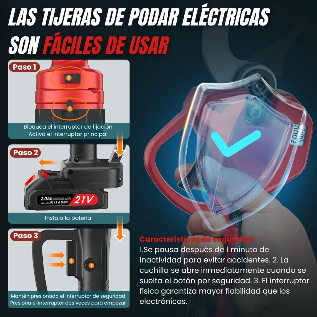 Tijeras de Podar Eléctricas con Maletín, Piedra de Afilar [2 Baterías de 21V] – Podadora Eléctrica de Precisión con Ángulo de Corte de 3mm, Ligera y Potente – Ideal para Viñedos, Árboles y Jardines