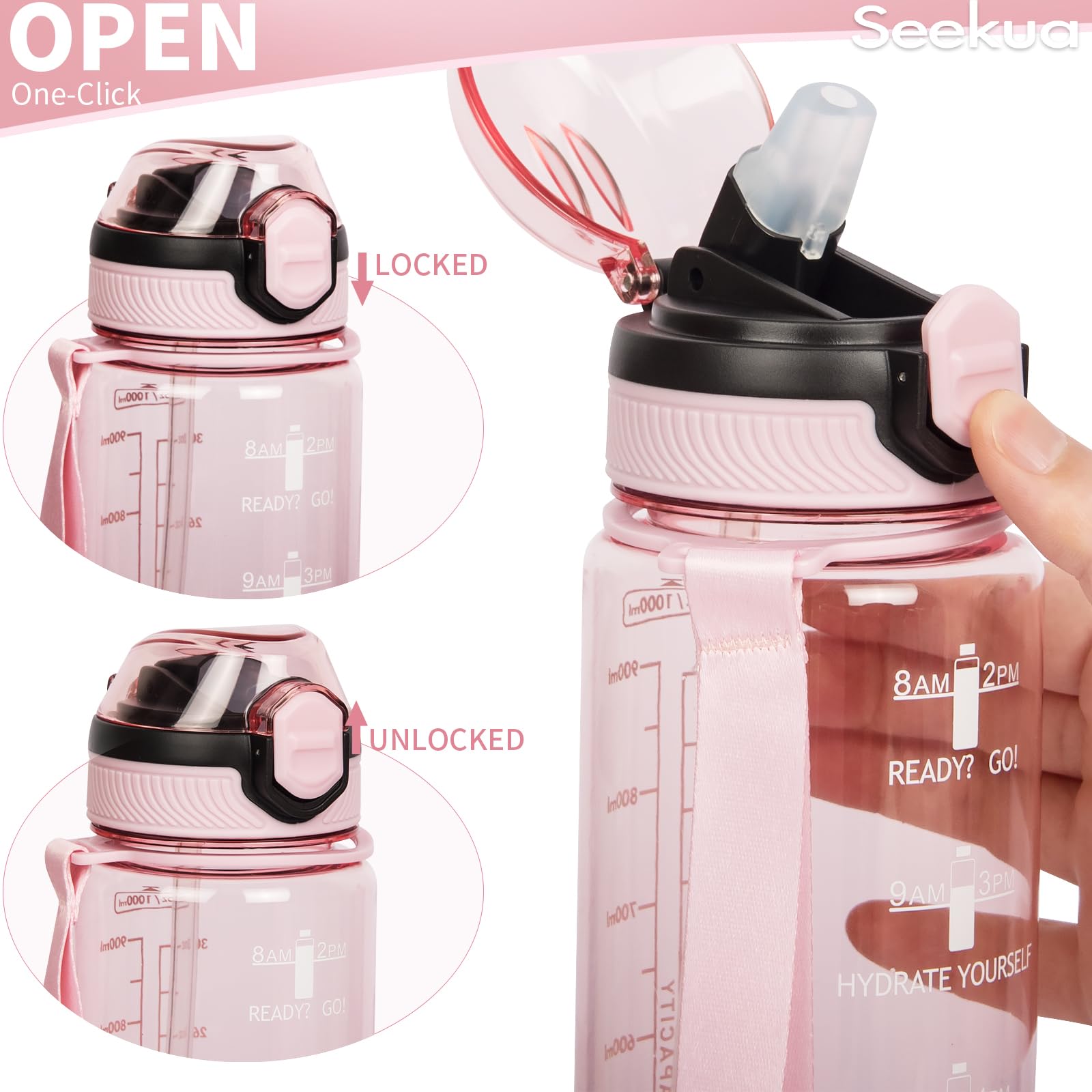 Seekua Sportiva Borraccia Motivazionale 0.6l / 1l / 2l con Cannuccia & Orari per Bere Bottiglia Acqua Tritan per Bici, Palestra, Sport, 2 Coperchi, 1 litro