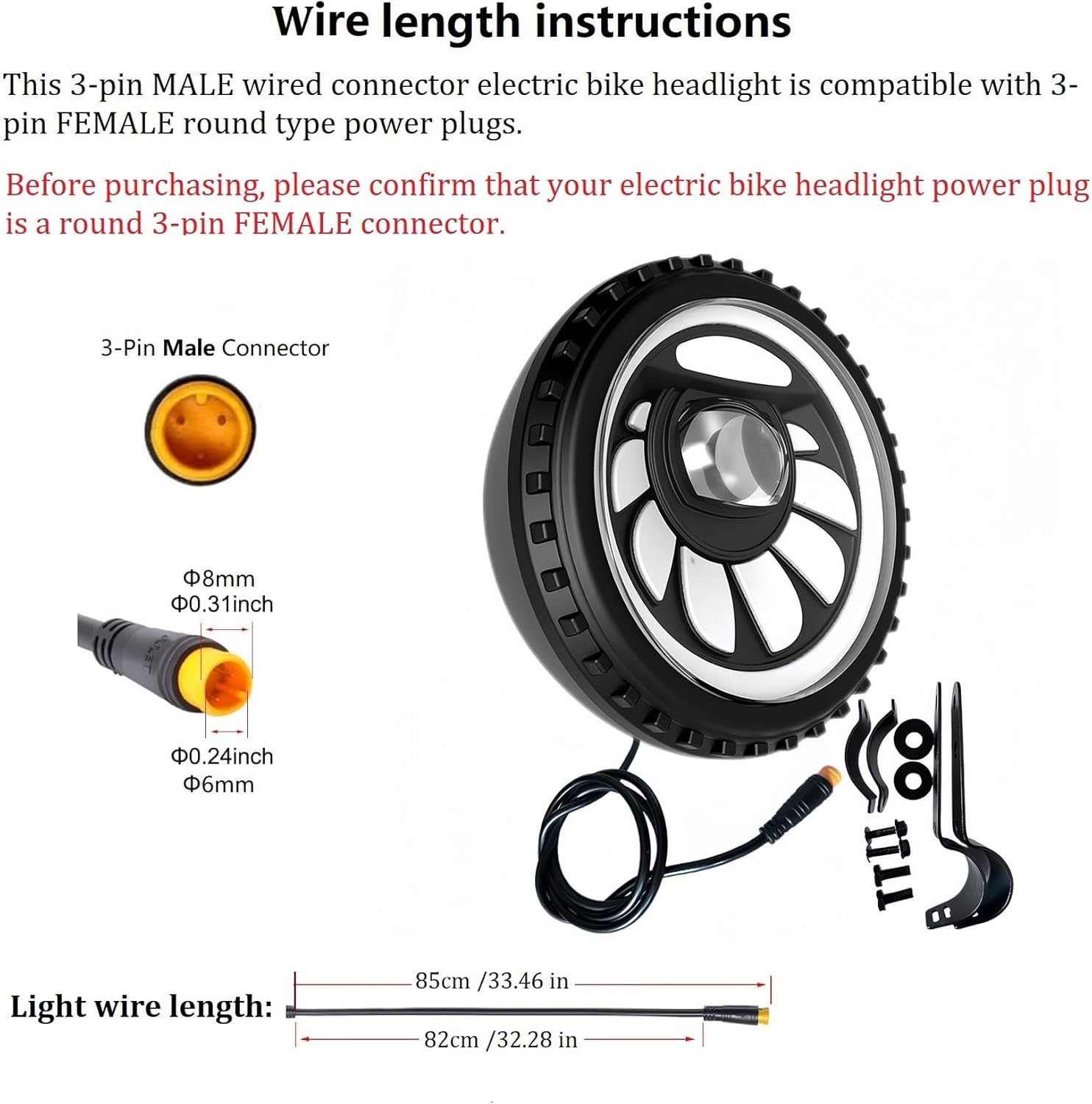 EBike LED Headlight with Horn 3 Pin Male Waterproof Connector Super Bright Front Horn Light for Night Riding 36V 48V Fat Tire Mountain Ebike Front Lamp