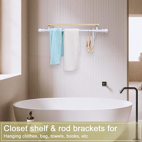Miniatura 2 de Soportes de barra de armario con barra de 64 pulgadas, soportes de estante de armario resistentes con soporte para barra para almacenamiento de