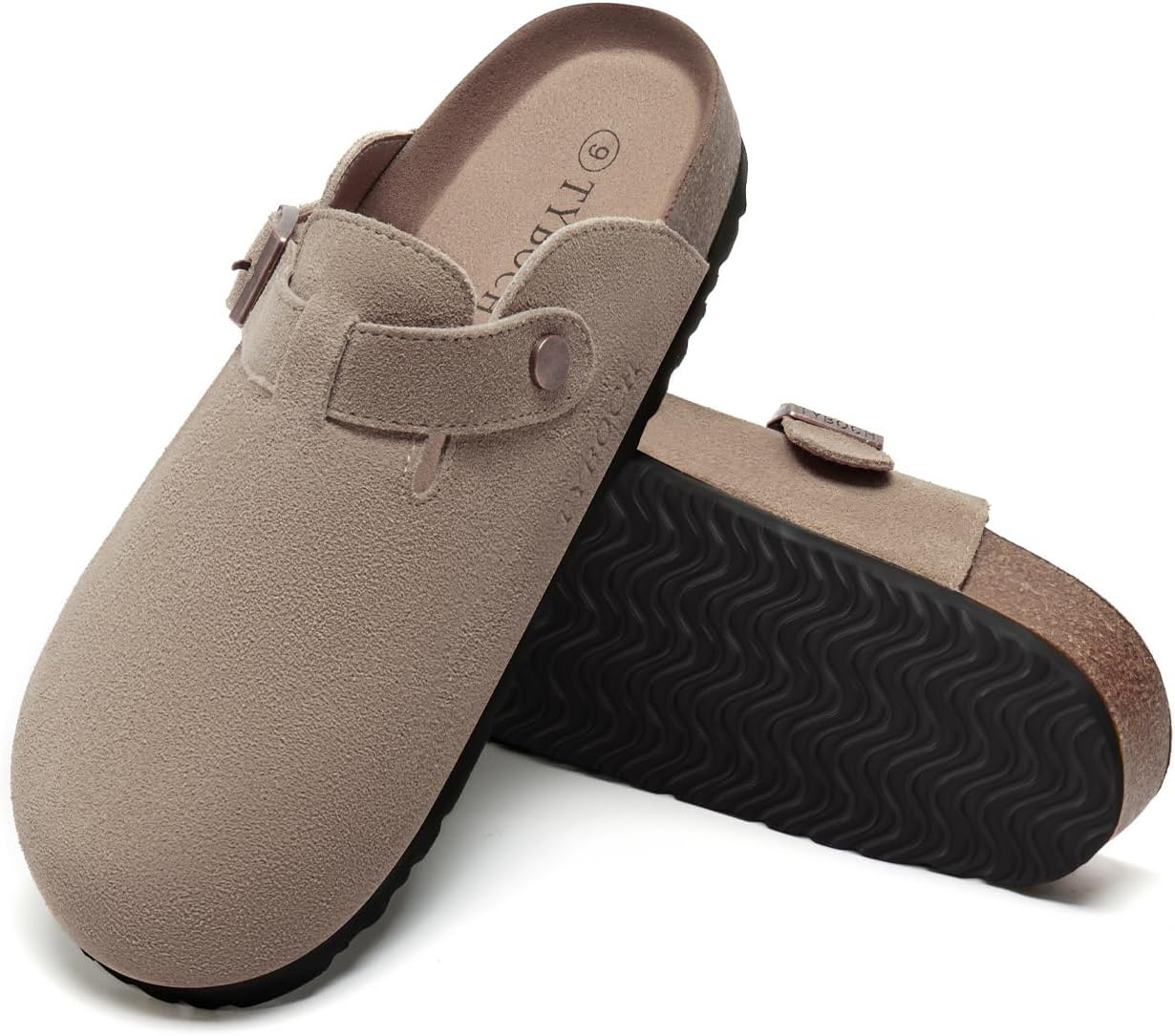 Women's Suede Clogs Soft Leather Mules Adjustable Buckle Cork Footbed Potato Shoes with Arch Support - Image 3