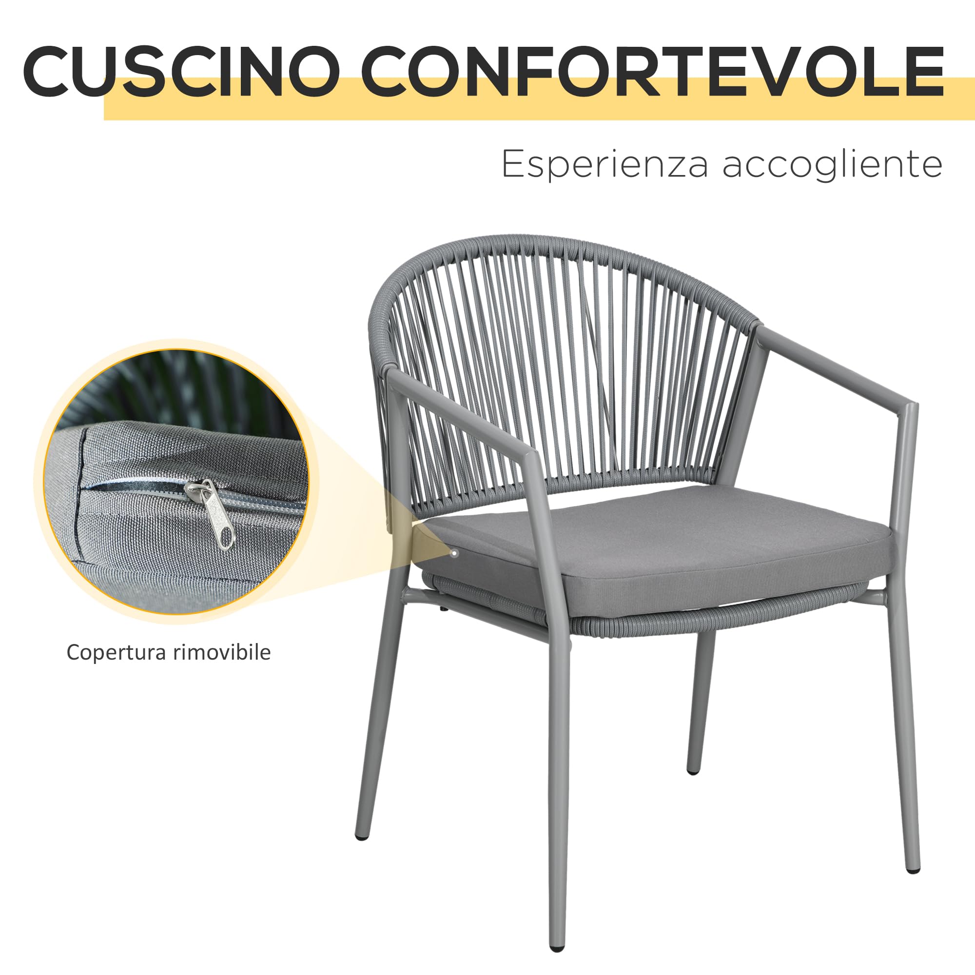 Outsunny 3-TLG. Rattan Bistroset, Sitzgruppe, Gartengarnitur mit 2 Gartensesseln, Couchtisch, Balkonmöbel-Set für Garten, Terrasse, Stahl, Grau