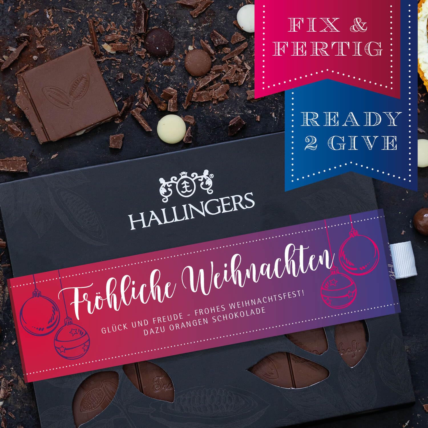 Hallingers Genuss Manufaktur Schokolade Weihnachts-Geschenk - Tafel Edelkakao handgeschöpft ohne Alkohol edler Karton 10x "Fröhliche Weihn..." Orange, Weihnachten für Frauen Männer