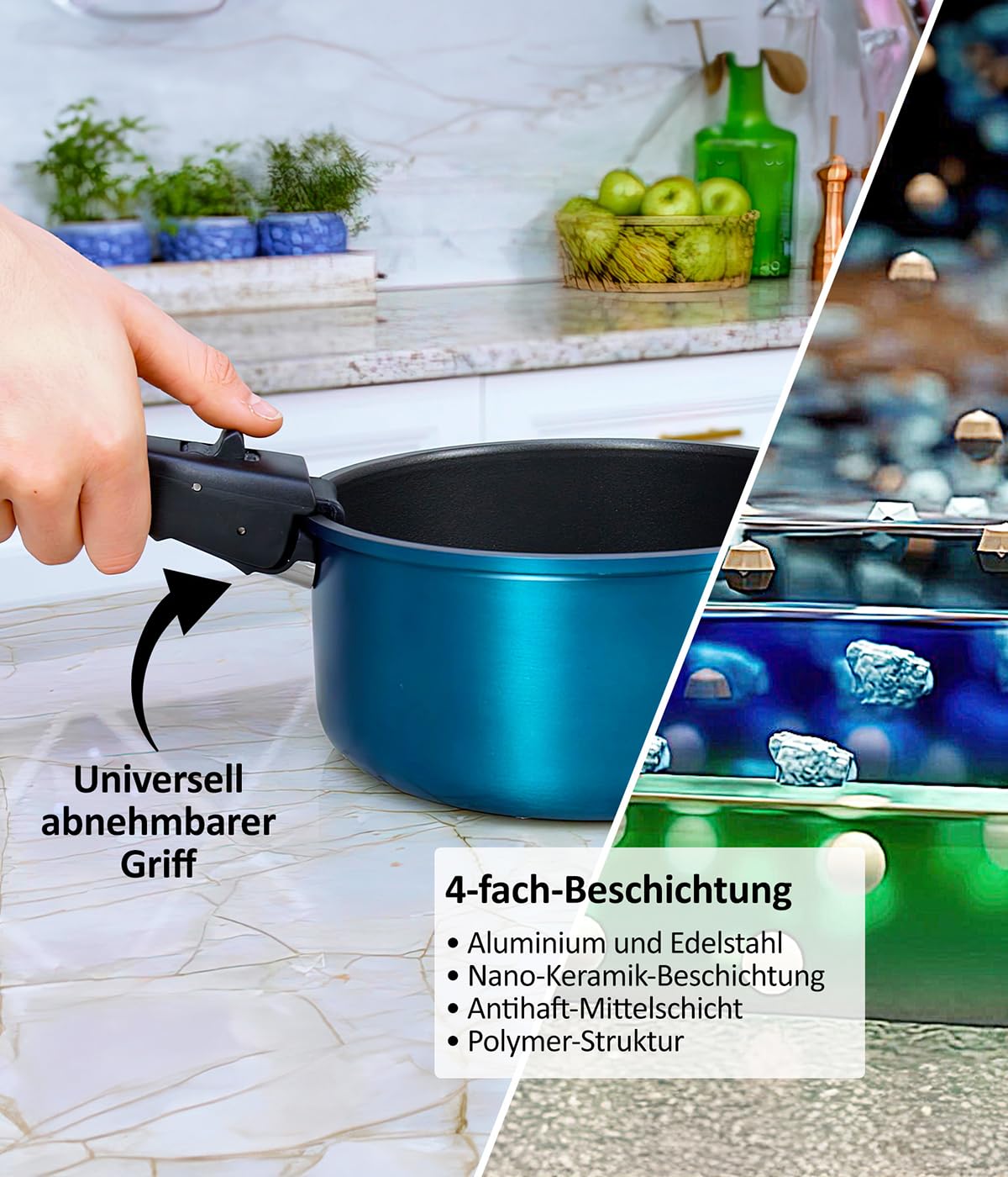 Kelton Pfannenset Töpfe Set 3 in 1 mit Deckel und Gemüseschneider 27 tlg., Kochgeschirr mit Pfannen und Kochtöpfen mit Antihaft Beschschichtung, PFOA & PTFE-frei, abnehmbarer Griff