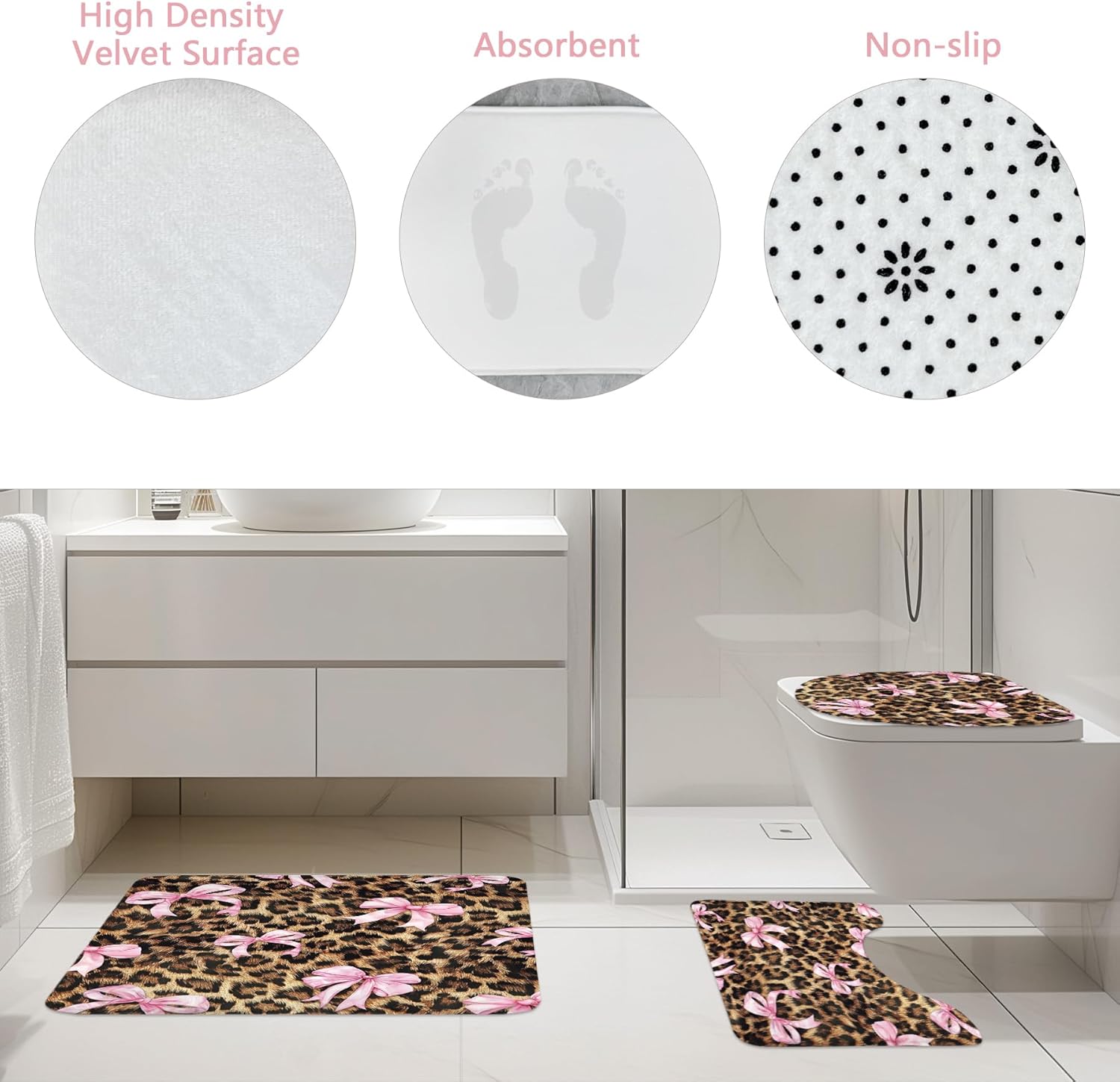 LIGHTINHOME 4 PCS Leopard Print Bow Shower Curtain Set 72Wx72H,Toilet Lid Cover,Non-Slip Rugs and U-Shaped Mat,Girly Pink Cheetah Bathroom Sets with Rugs Shower Accessories 12 Hooks for Bathroom Decor