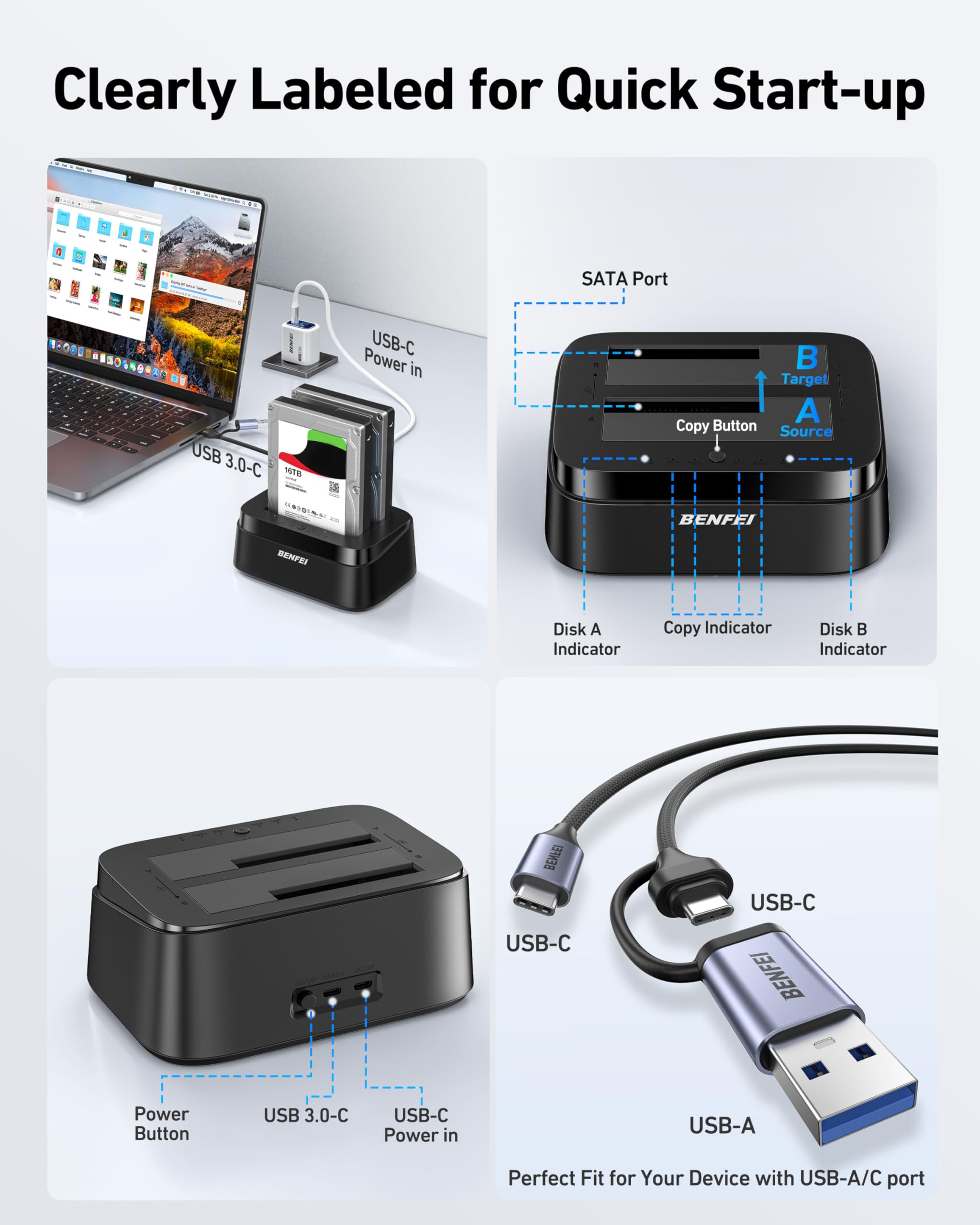 BENFEI Station d'accueil pour Disques Durs avec Fonction de Clonage Hors Ligne UASP, Dock Double Baie USB-C pour HDD/SSD 2.5/3.5", Jusqu'à 5 Gbit/s | Installation sans Outil